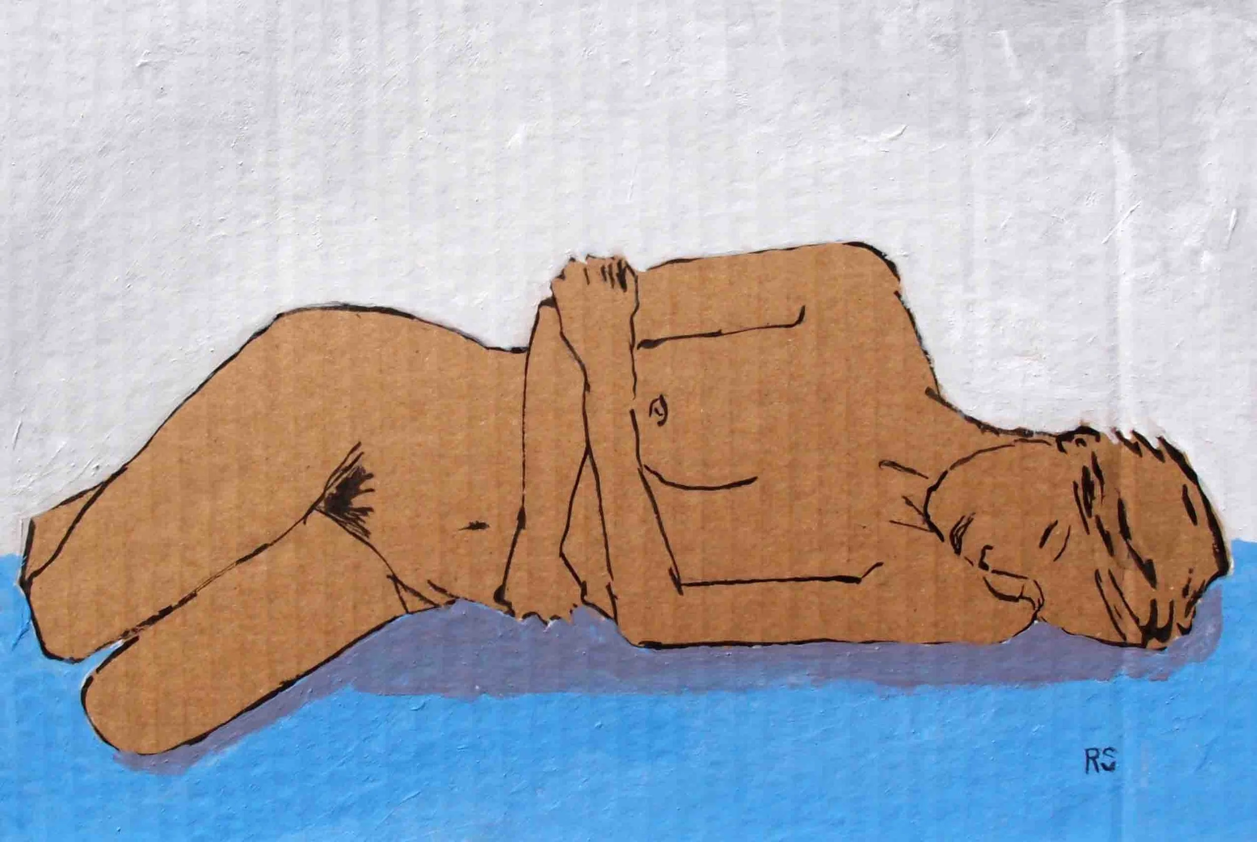 Nude on Blue. Ink and acrylics on cardboard. SOLD