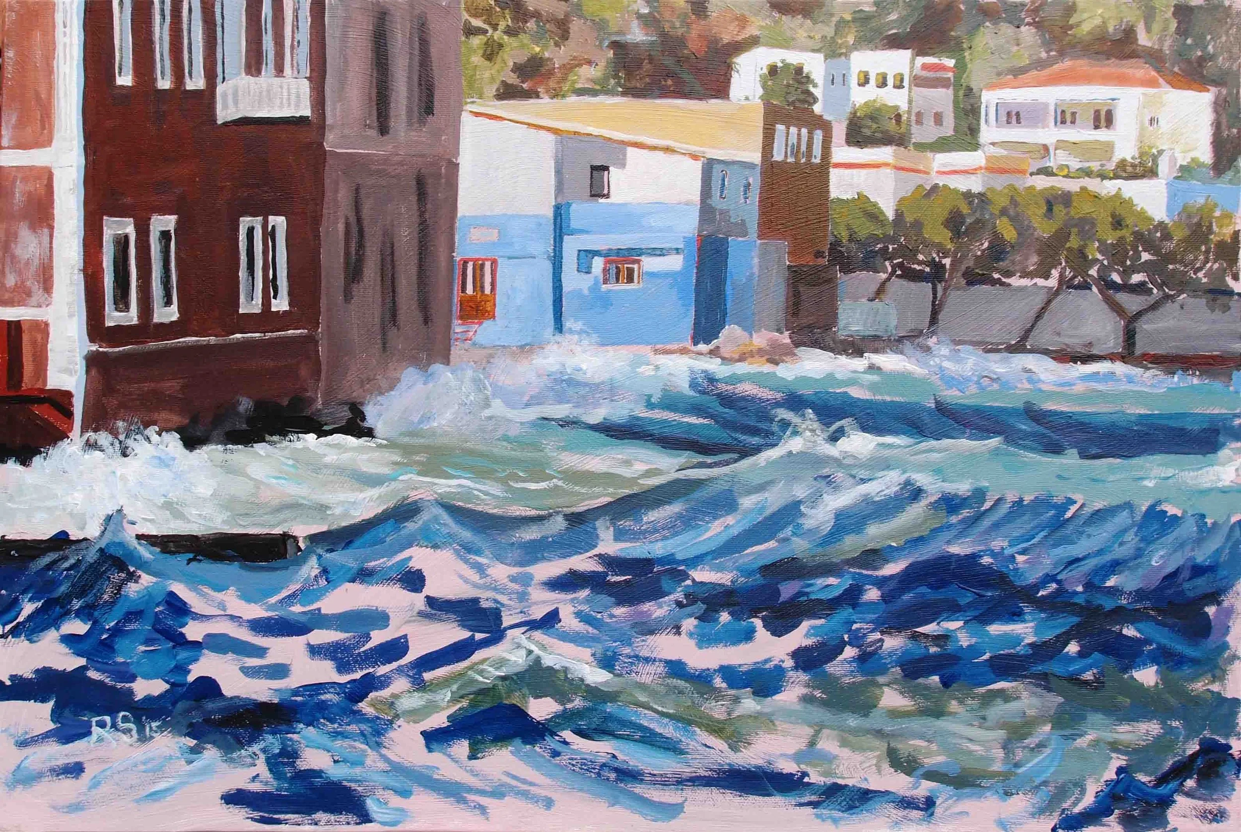 Waves in Agia Marina. Acrylics on canvas, 40 x 60 cm.