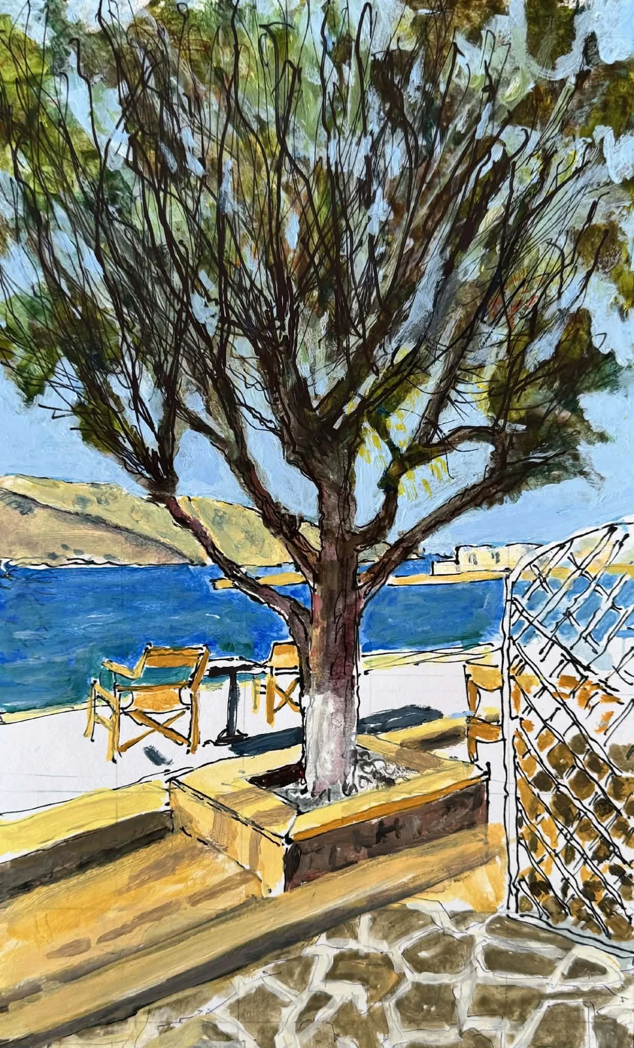 The Seafront at Agia Maria 2. A4. ink and acrylics.