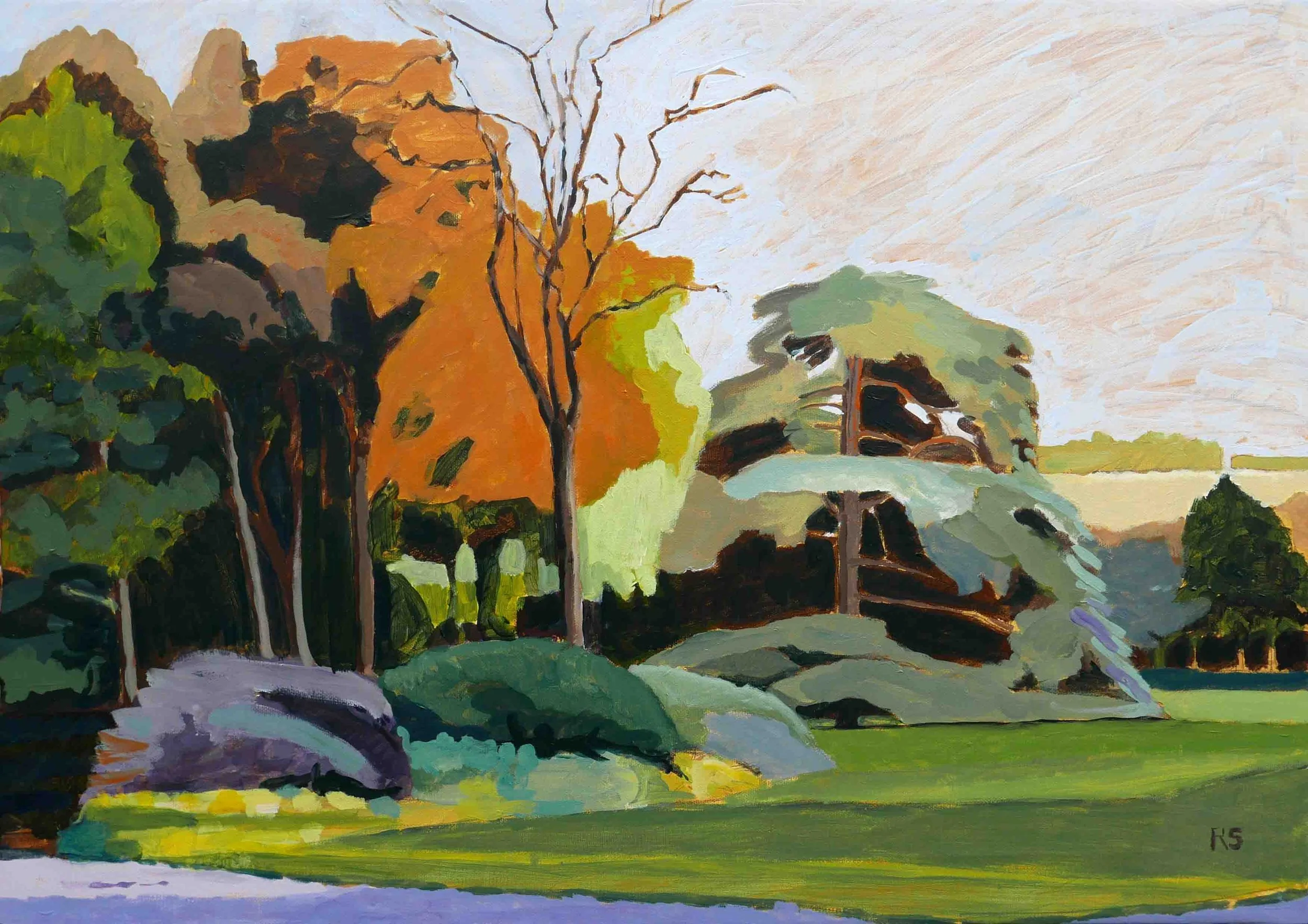 Autumn Light in Sussex. Acrylics on canvas, 50 x 70 cm.