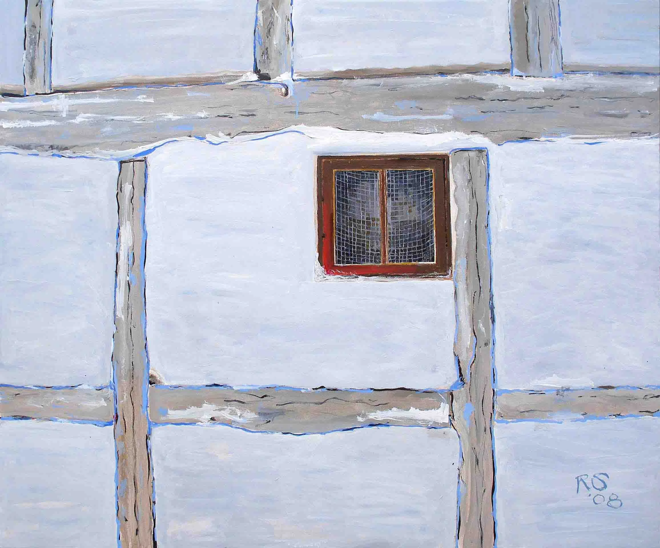 Old Beam House, Winter. Acrylics on canvas, 120 x 90 cm.