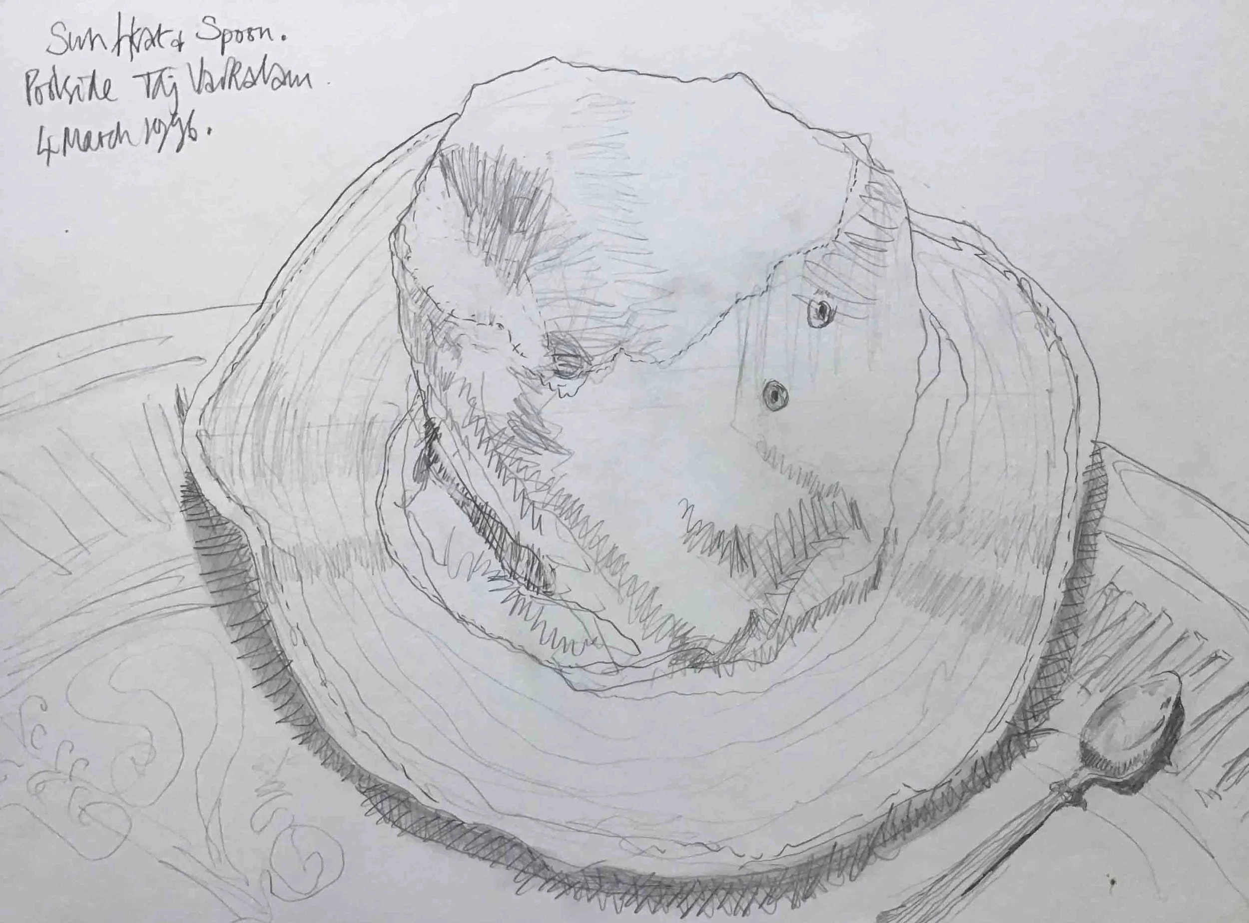 Sun Hat and Spoon. Graphite on paper.