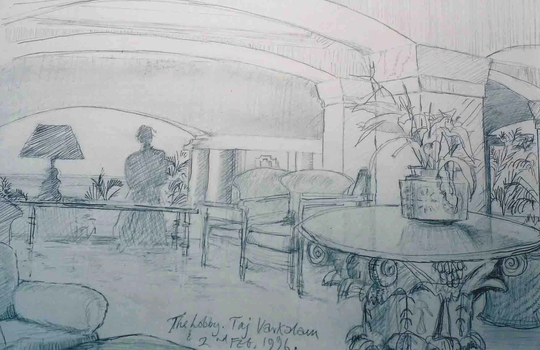 The Lobby, Taj Varkalam. Graphite on paper.