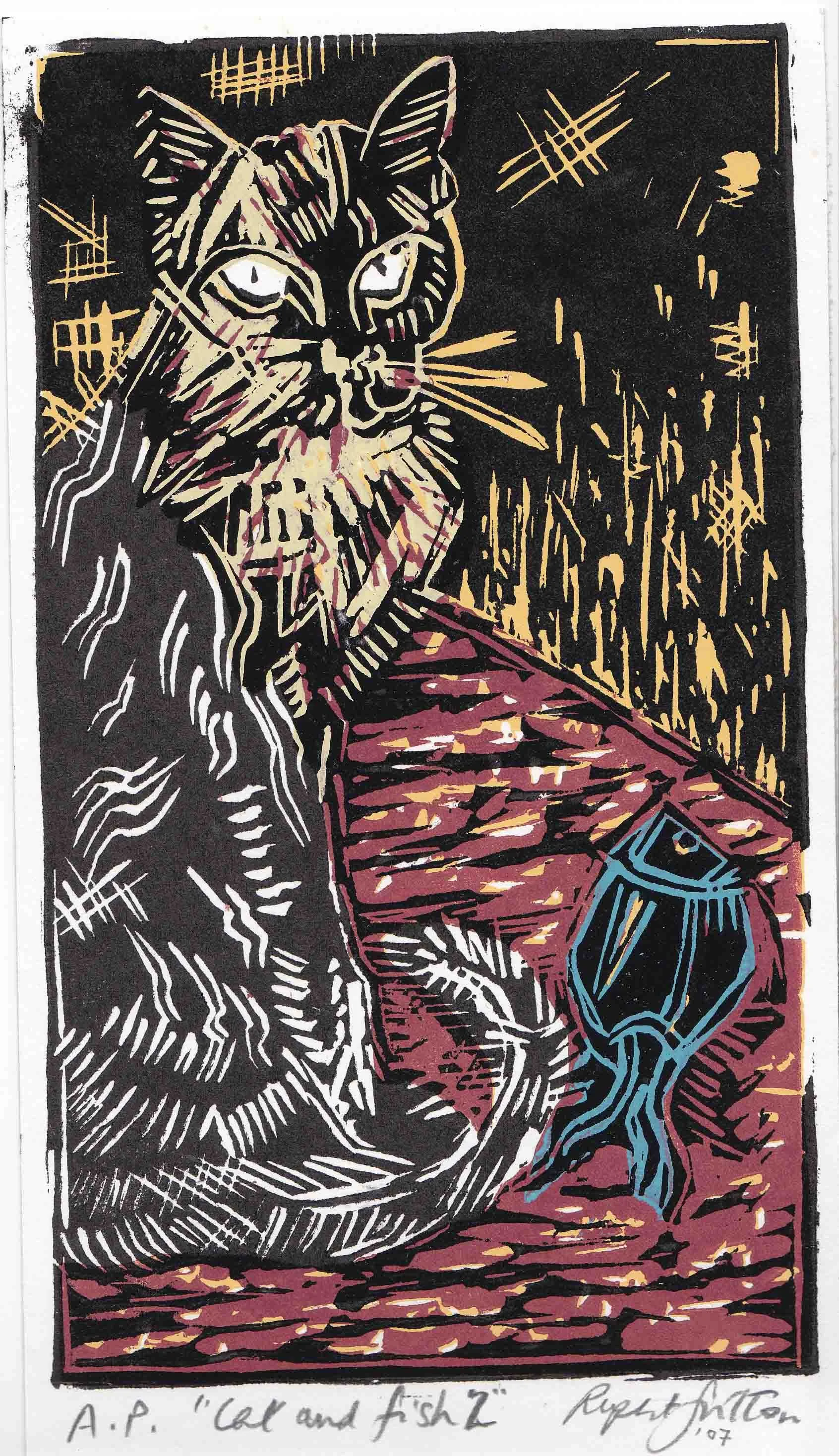 Cat and Fish. Linocut. SOLD