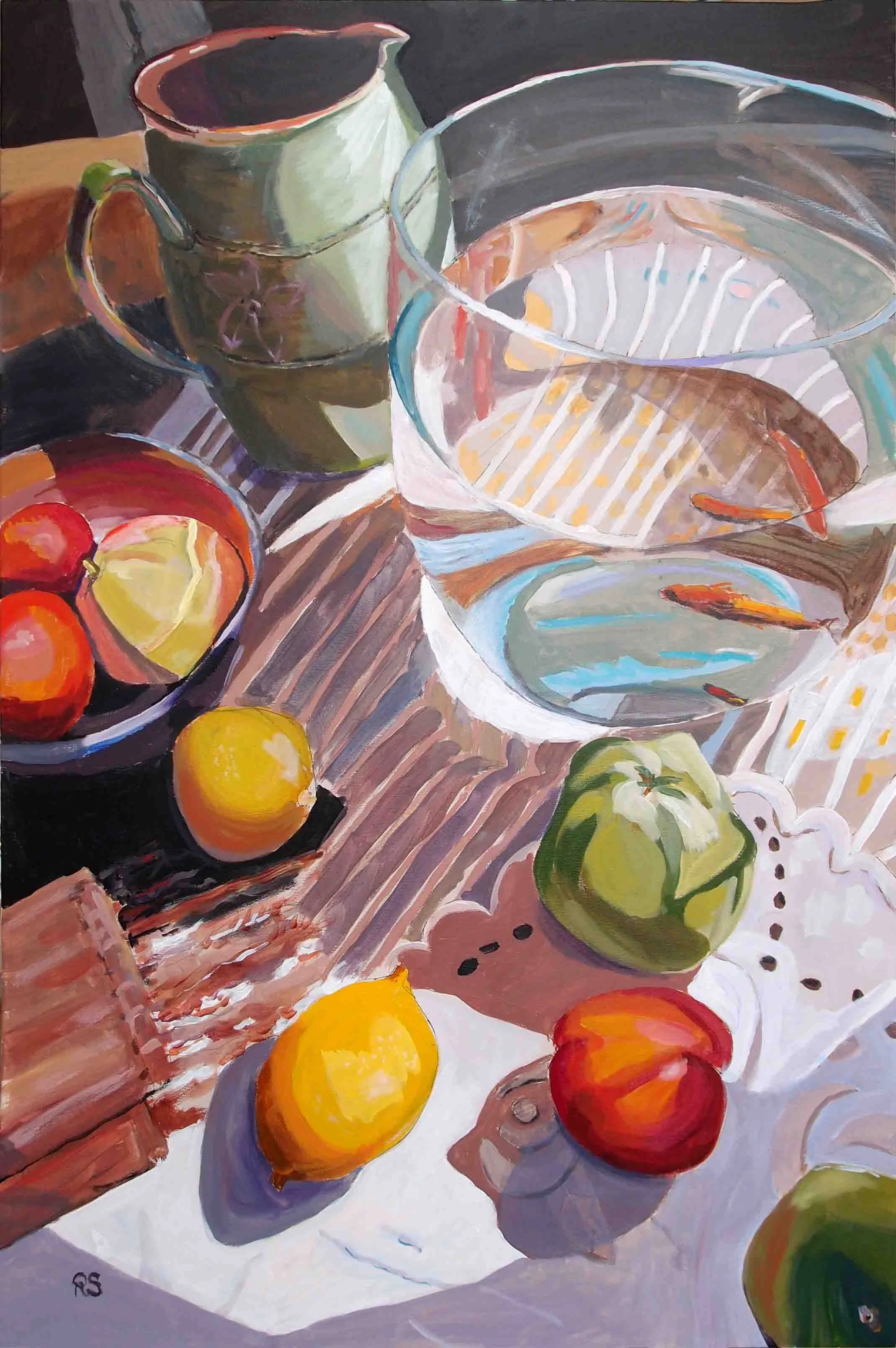 Still Life with Gold Fish and Fruit. Acrylics on canvas, 90 x 60 cm. SOLD