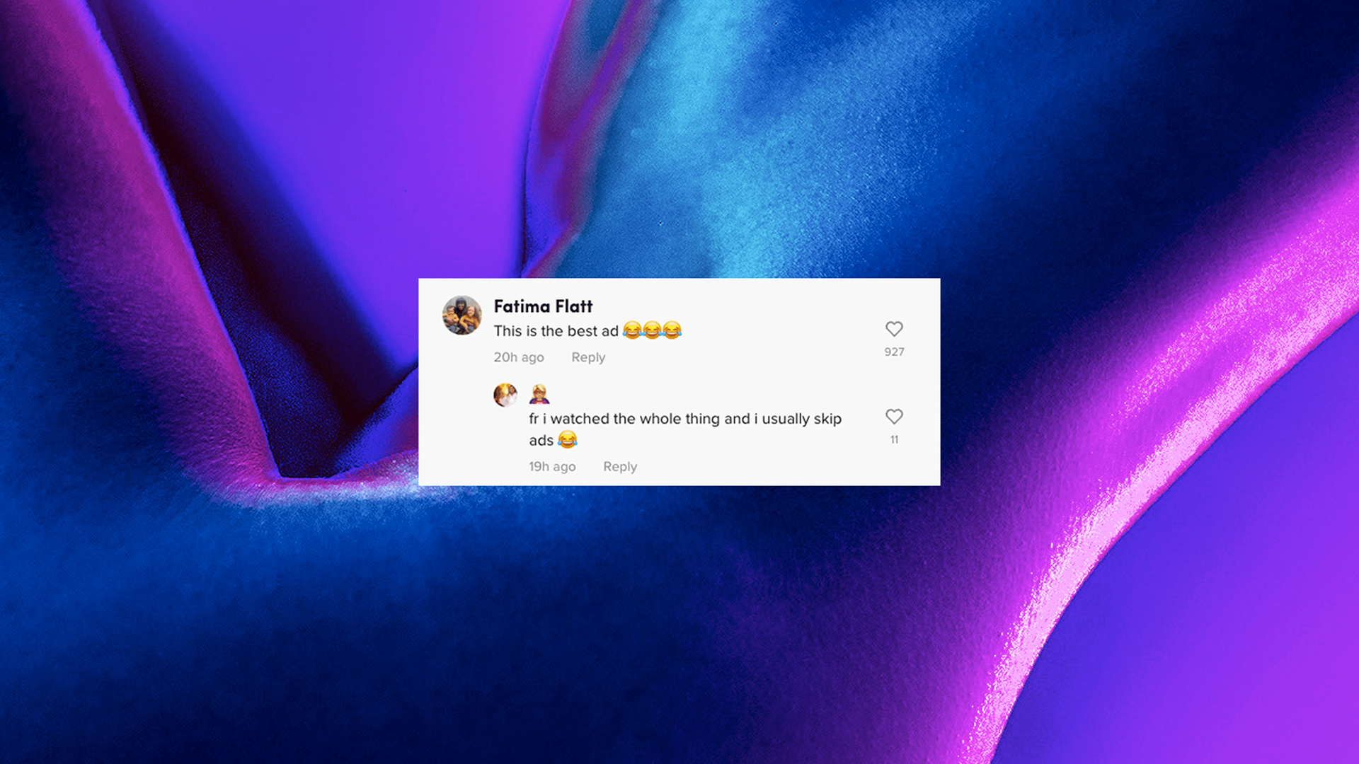 A digital abstract background with shades of blue and purple, featuring a comment overlay about an advertisement, with two comments expressing amusement.