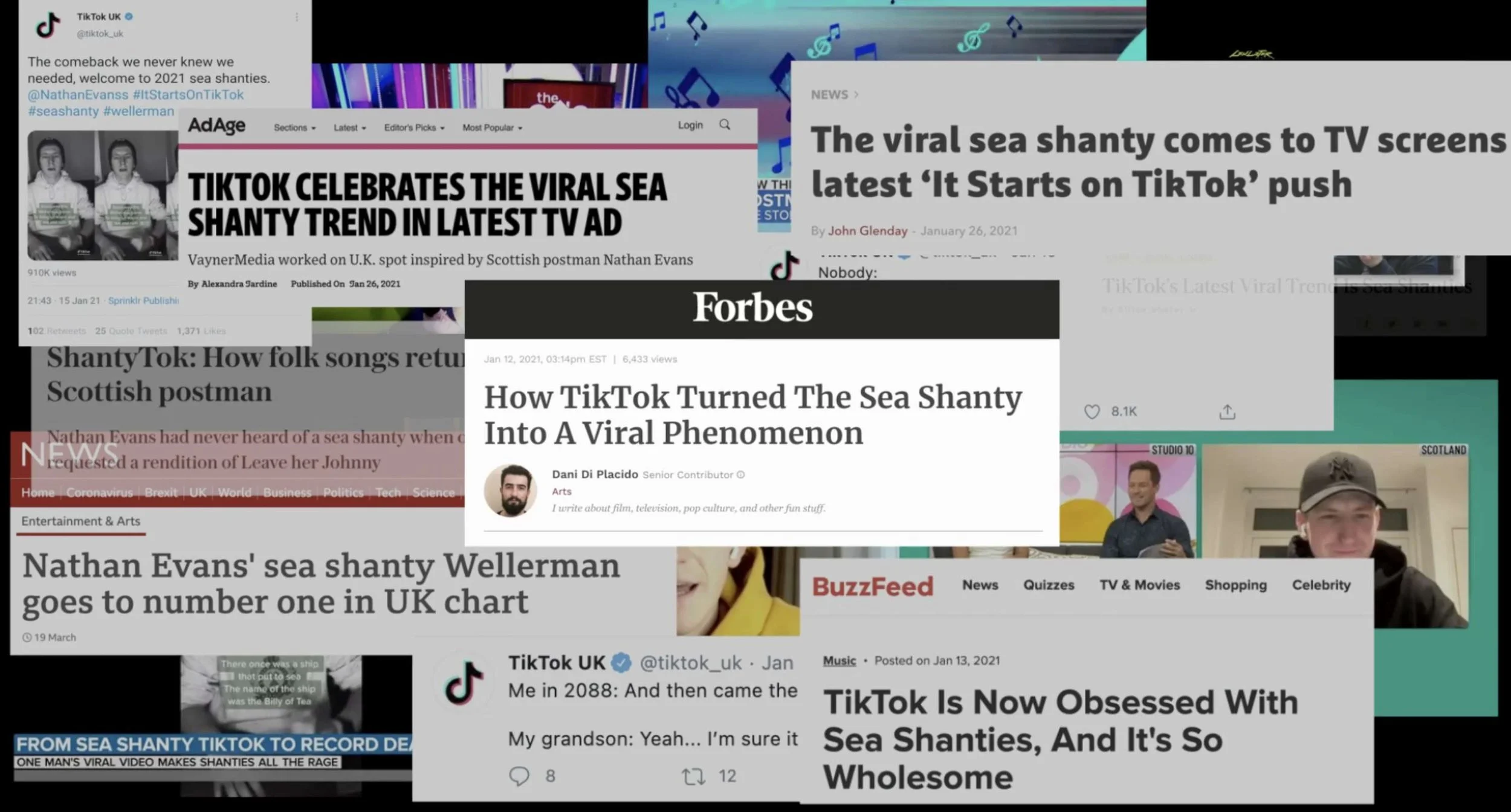 Collage of news headlines and articles about the viral sea shanty trend on TikTok, including titles from Forbes, BuzzFeed, and other media outlets.