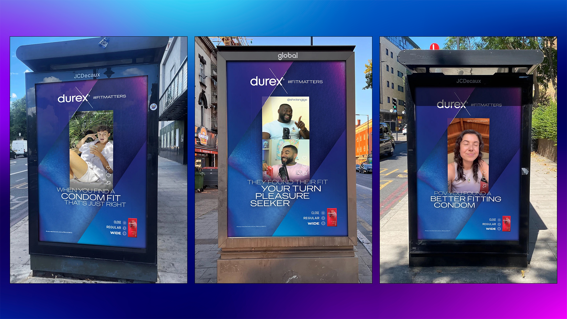 Three outdoor digital billboard advertisements for Durex condoms, each featuring a different person and text about condom fit and pleasure, in an urban setting.