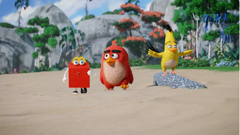 Three animated characters on a sandy beach with rocks and tropical vegetation in the background.
