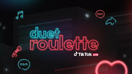 Neon sign reading 'duet roulette' with musical notes, microphone, and speech bubble icons, and a TikTok Live logo.