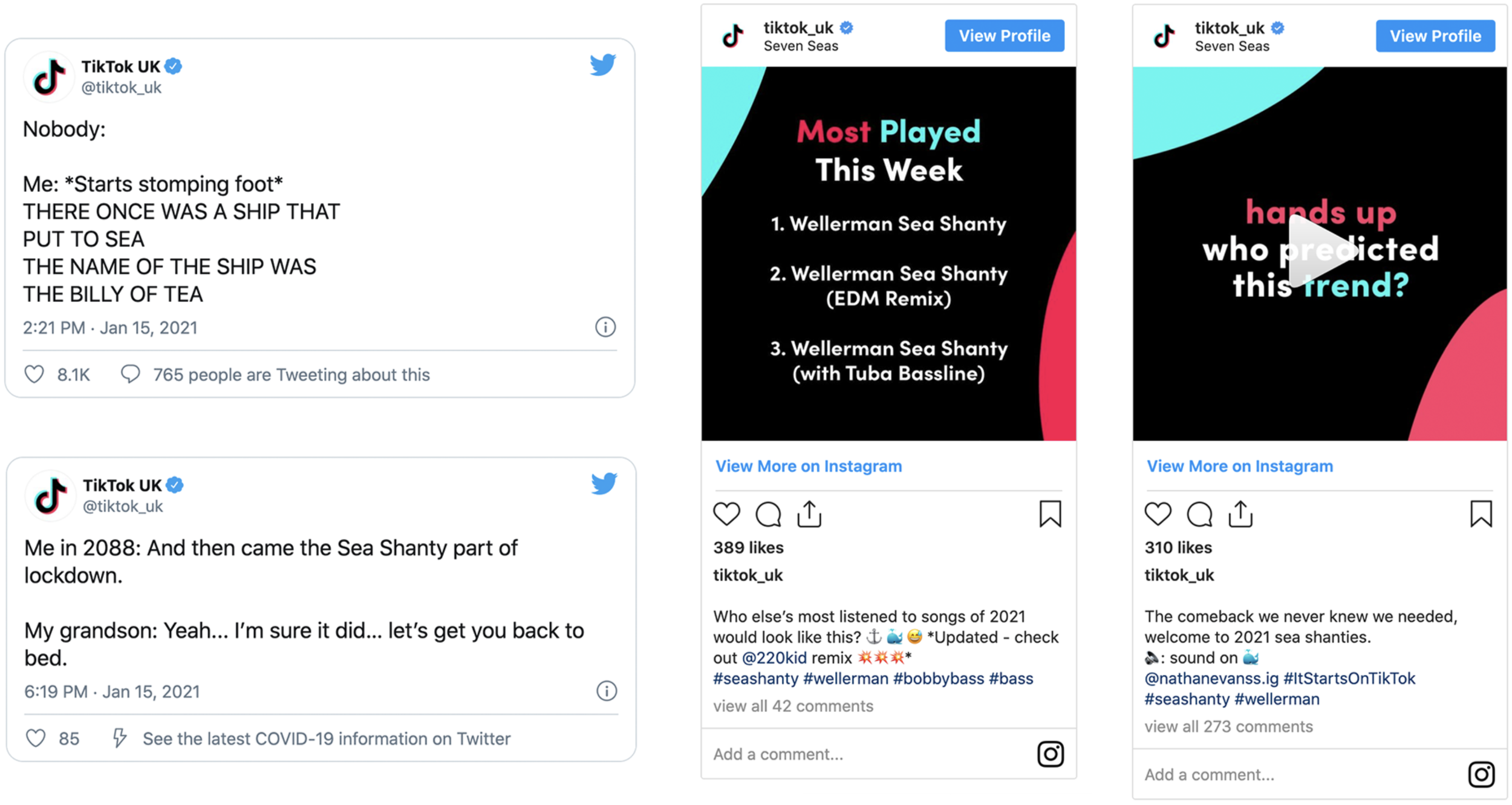Screenshots of TikTok UK social media posts. The first shows a humorous tweet about a sea shanty song from 2021. The second displays the most played songs of 2021 with a colorful background. The third features a masked graphic with the text 'hands up