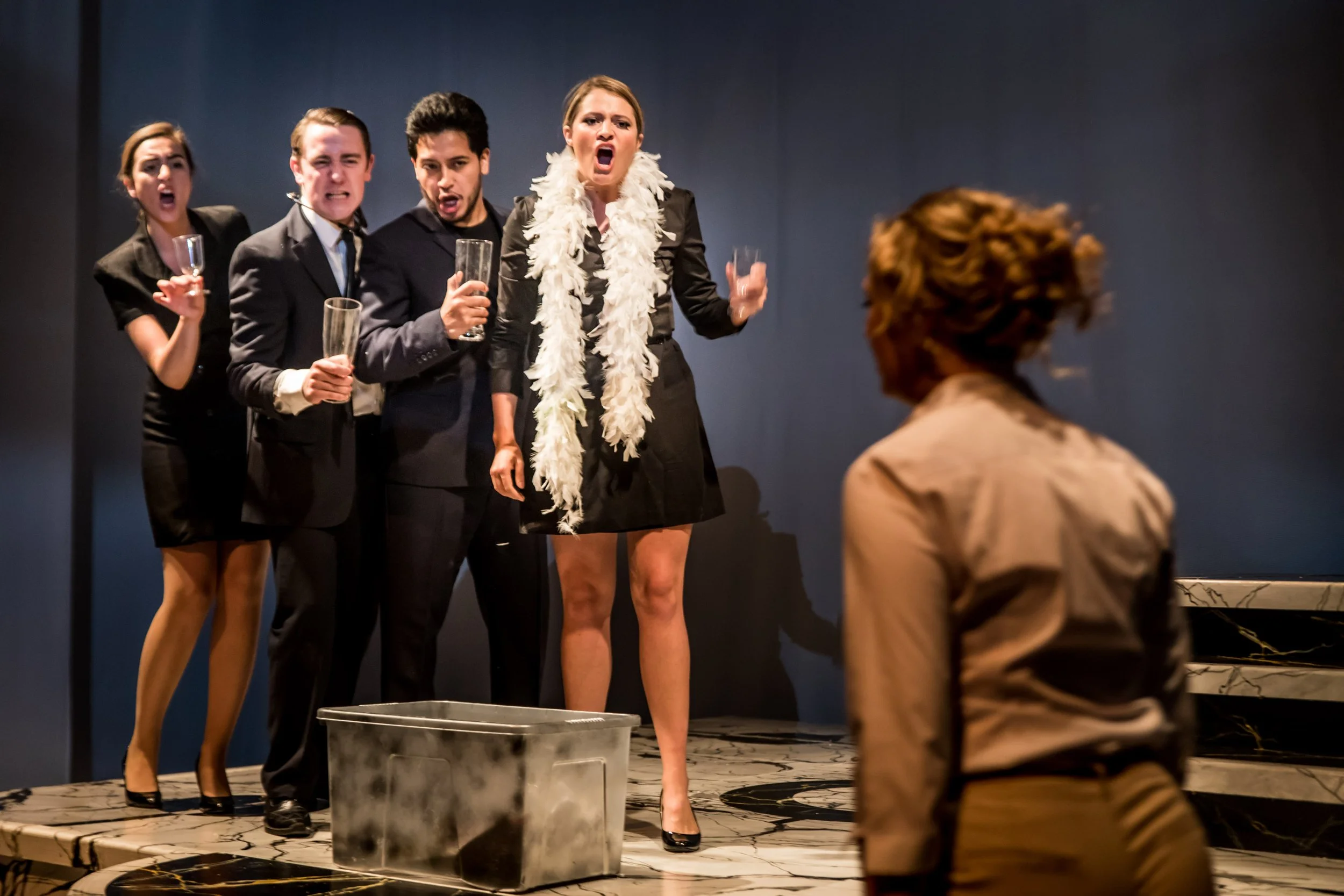 Performers on stage in Reel Woman, Guildhall Opera Makers, Milton Court Studio Theatre, 2018