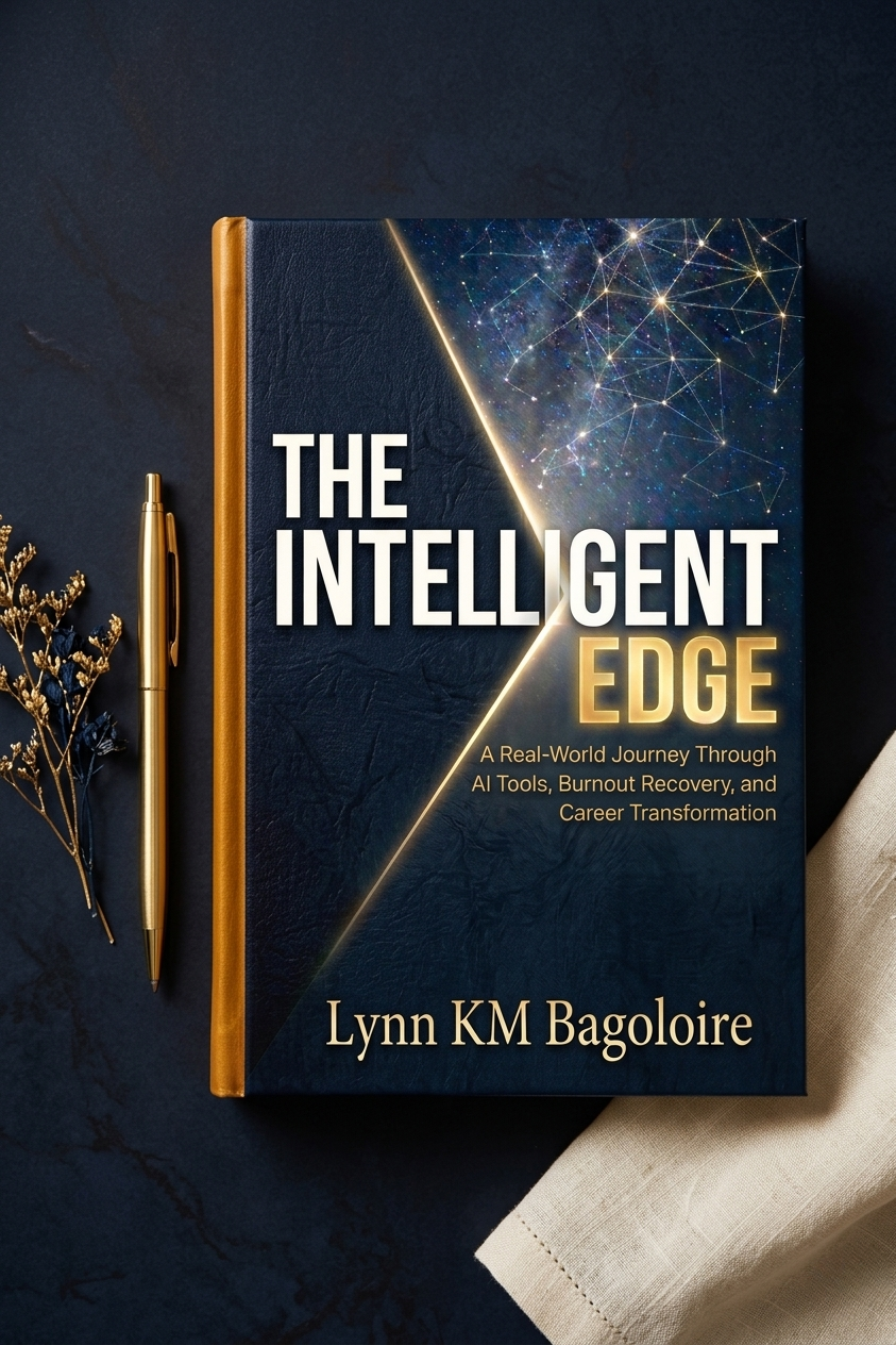 A book titled 'The Intelligent Edge' by Lynn KM Bagloire, featuring a dark blue cover with a galaxy and constellation design, accompanied by a gold pen and dried flowers on a dark surface.