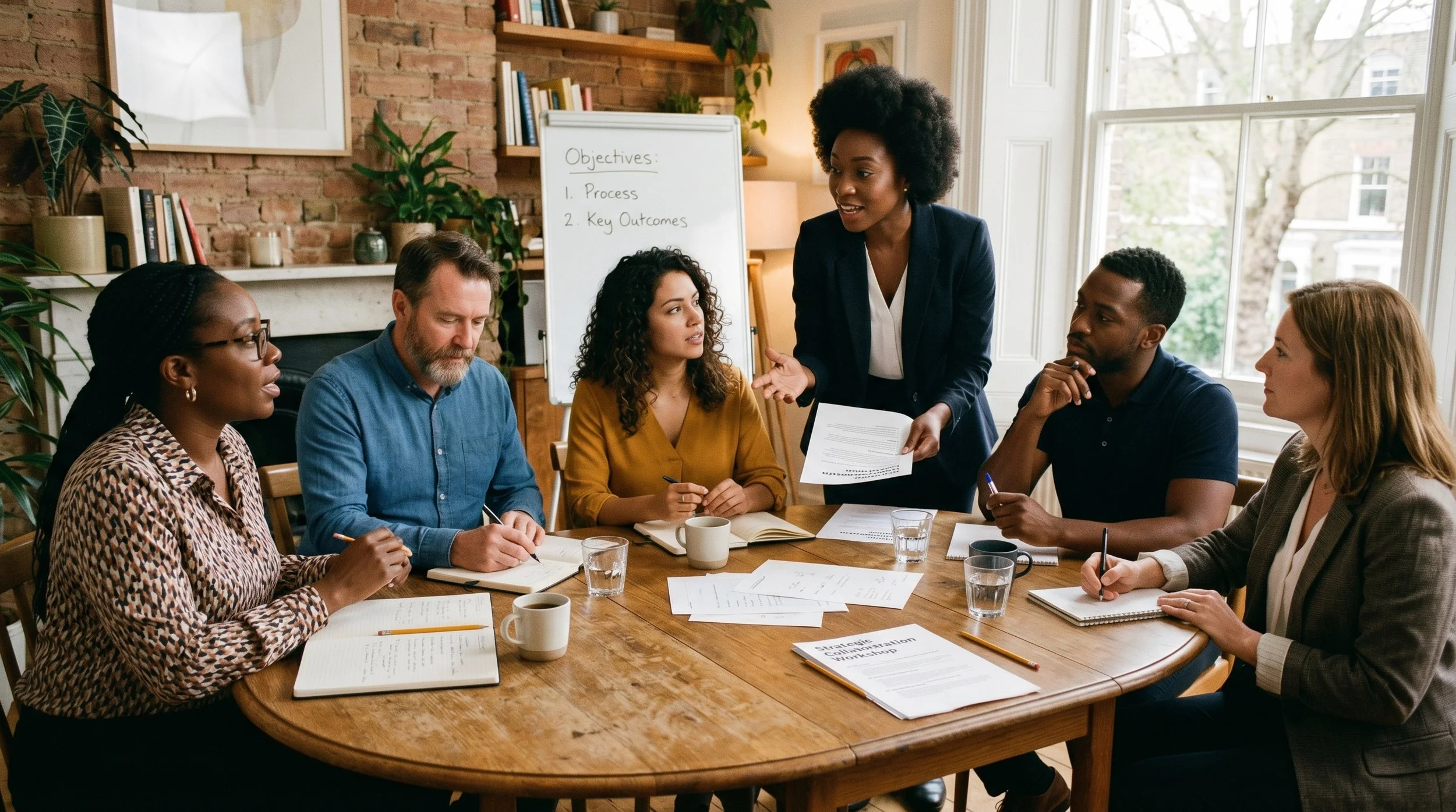 A diverse group of six people in a meeting room, listening to a woman standing and speaking, with a whiteboard behind her that reads 'Objectives: 1. Process 2. Key Outcomes'.