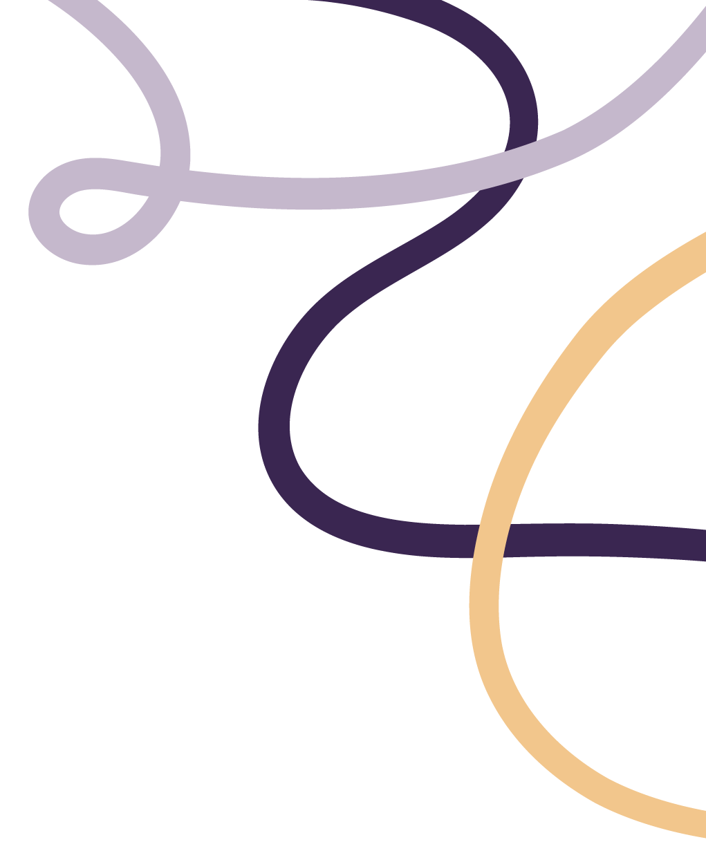 Abstract illustration with curved lines in purple, beige, and light lavender on a white background.
