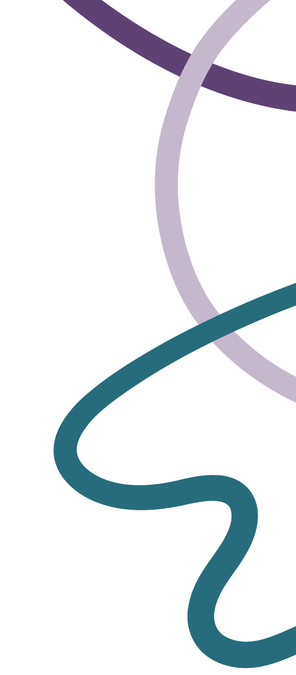 Abstract illustration with flowing curved lines in purple, lavender, and teal on a black background.