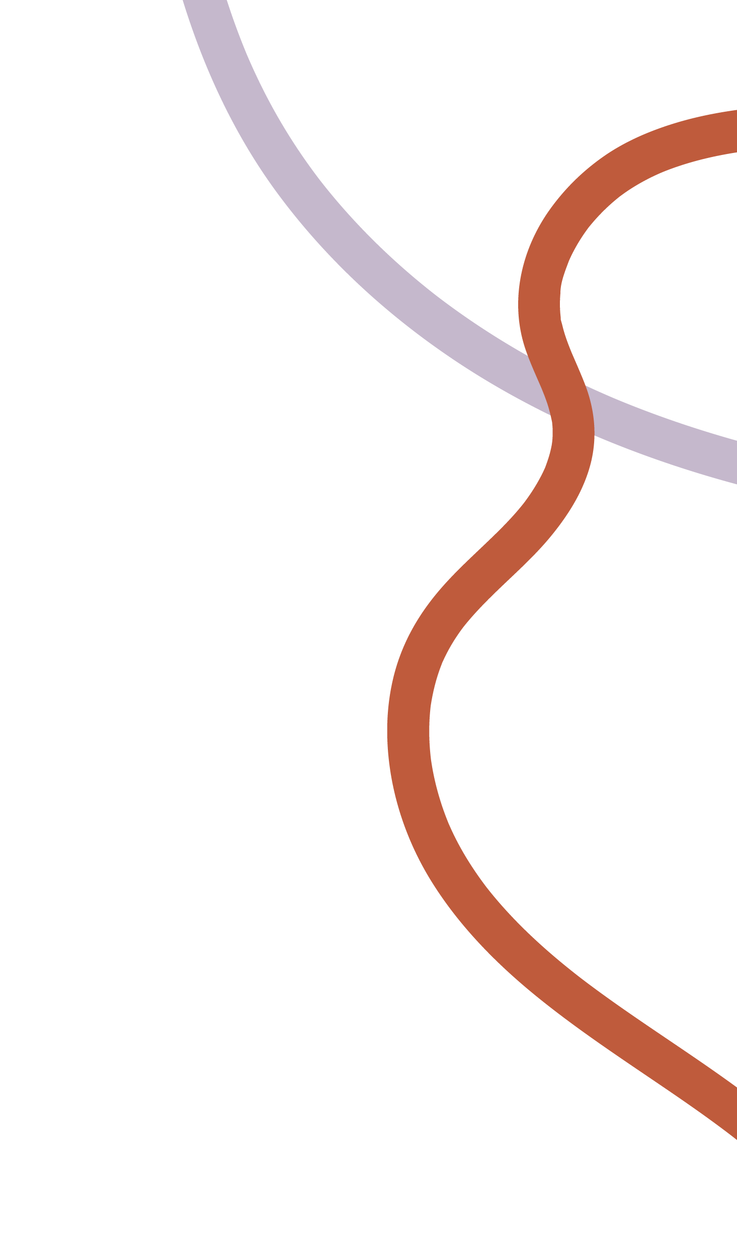 Abstract artwork with black background, featuring three curved lines in light purple, reddish-brown, and dark purple.