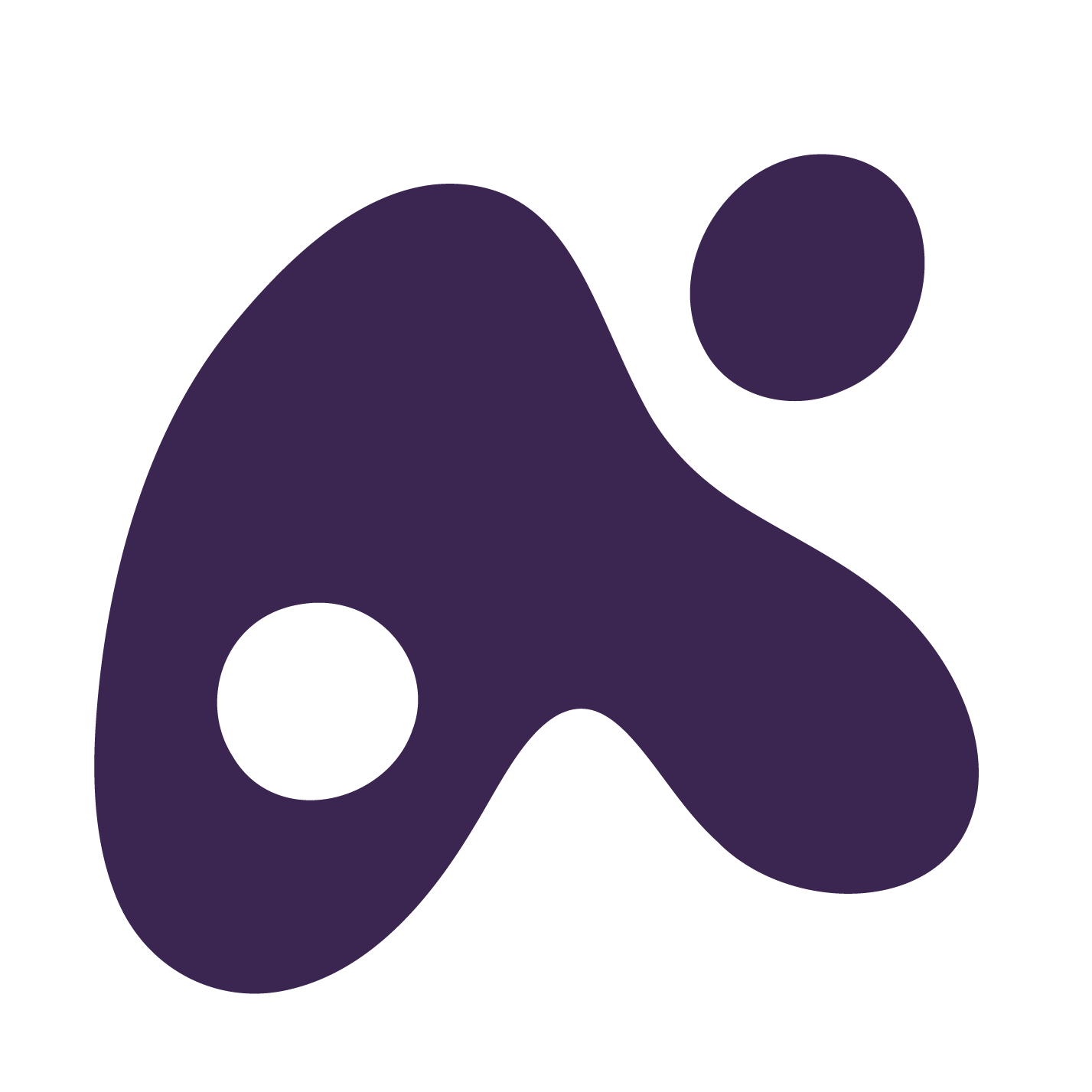 A stylized, abstract logo with dark purple shapes on a black background, resembling a playful, modern design.
