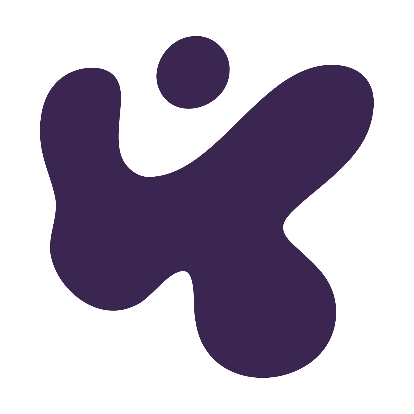 Dark purple abstract shape with a small circle above it, resembling a stylized human figure.