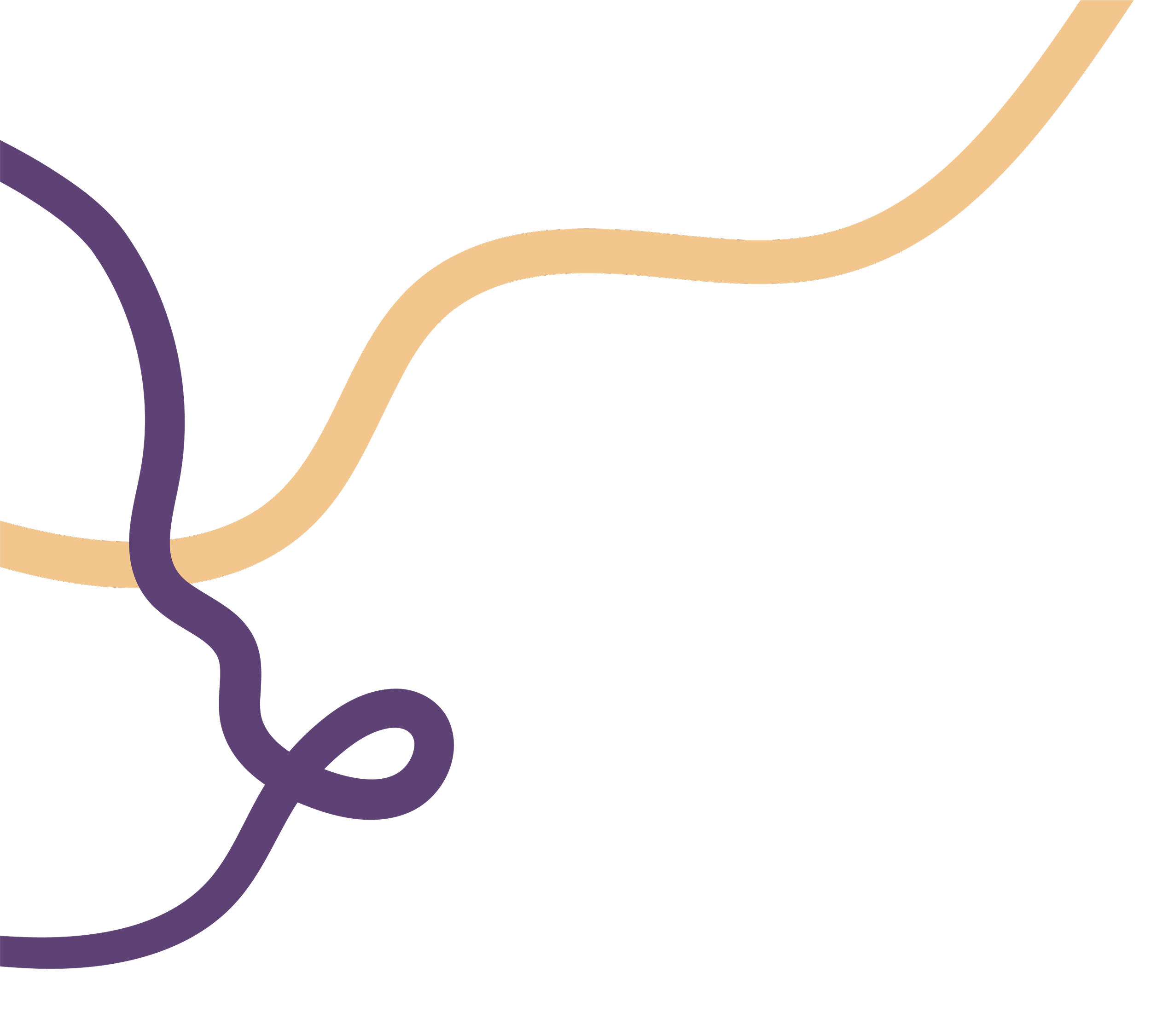 Abstract illustration with black background and intertwined purple and beige lines.