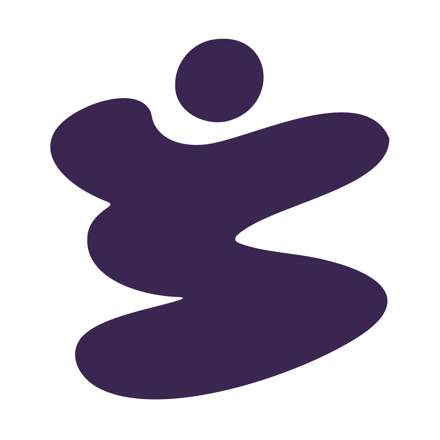 A dark purple abstract shape with a circular element above it, resembling a stylized person or figure.