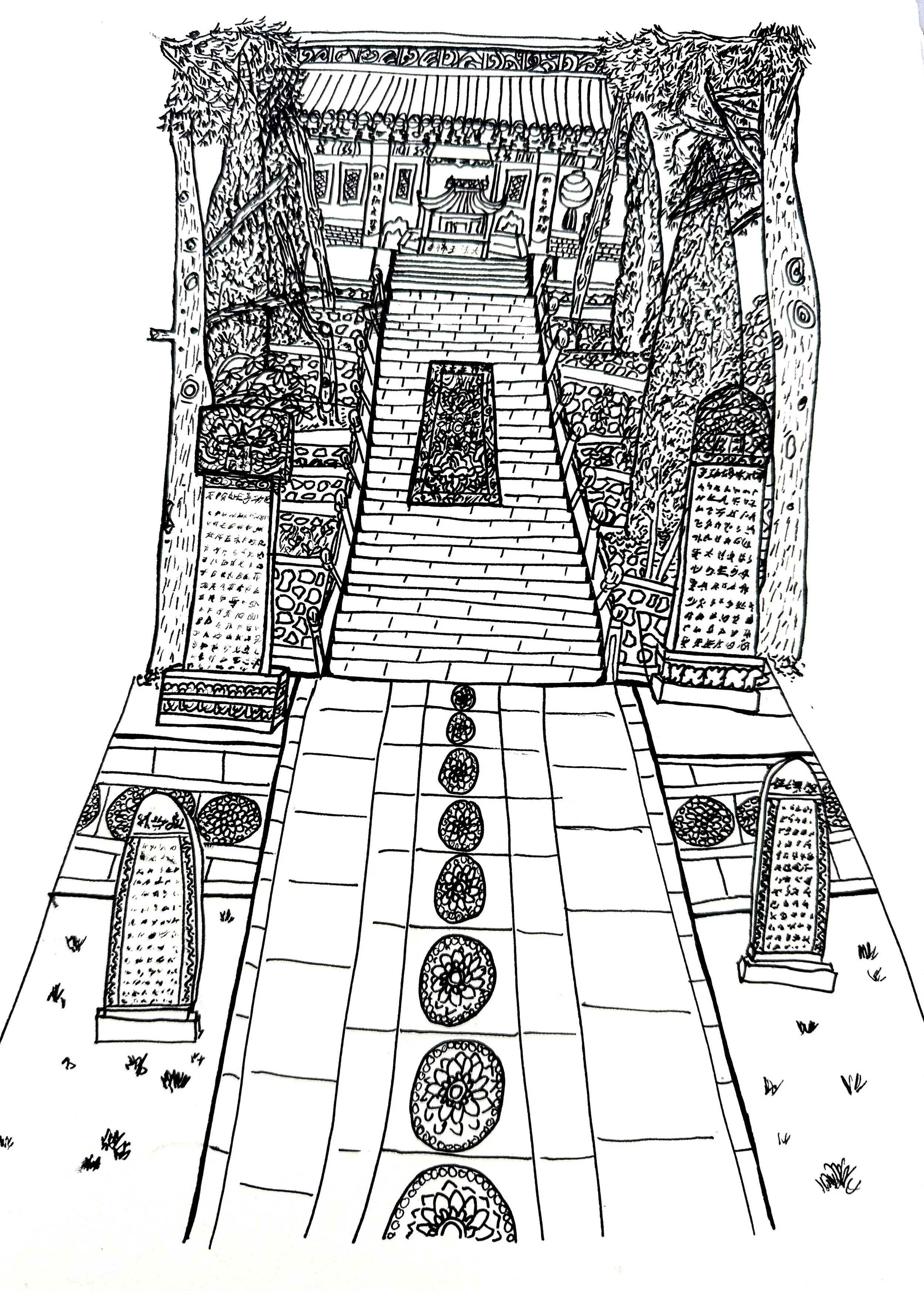 A hand-drawn image of the Fawang Temple with black pen on a white background. There is fine detailing of the staircase leading up to the temple and some memorial stones with Chinese writing on. There are beautiful paving stones with lotus flowers on.