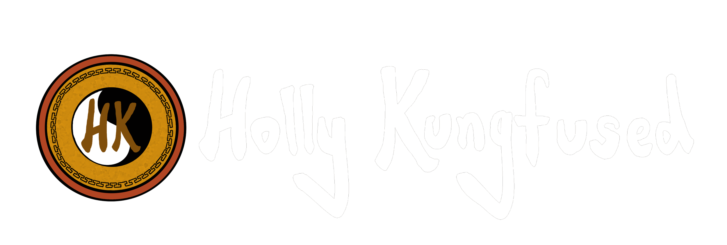 The Holly Kungfused logo featuring a golden orange emblem with a Yin and Yang symbol in black and white in the middle, and the letters "HK" written in cursive gold lettering. Following the seal is the words "Holly Kungfused" hand-written in white.