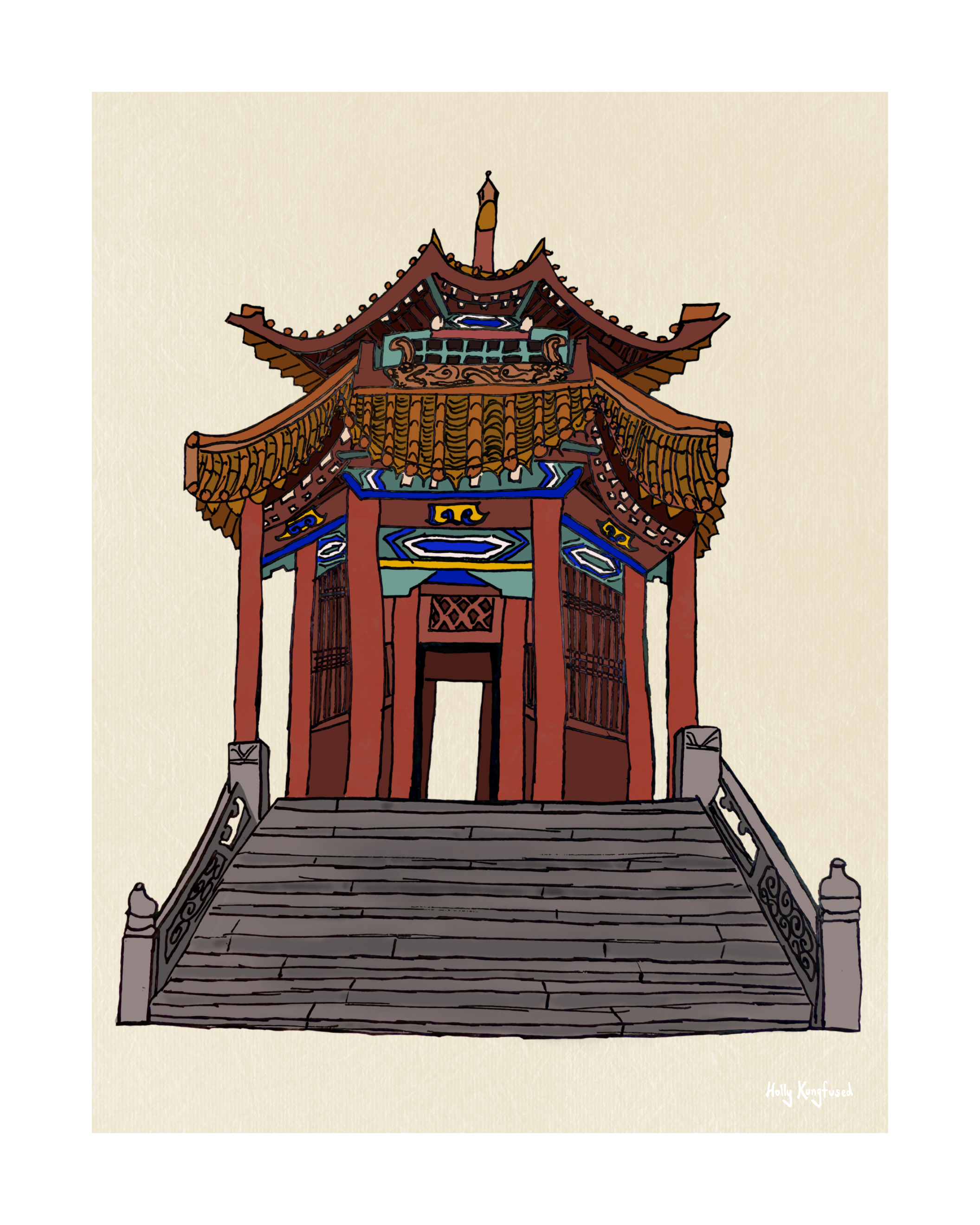 A hand-drawn and digitally painted picture of the beautiful red pavilion at Zhongue Temple with blue, green and yellow details on the wooden structure and terracotta-coloured tiles on the two-tiered roof. There are wide stone steps leading to it.