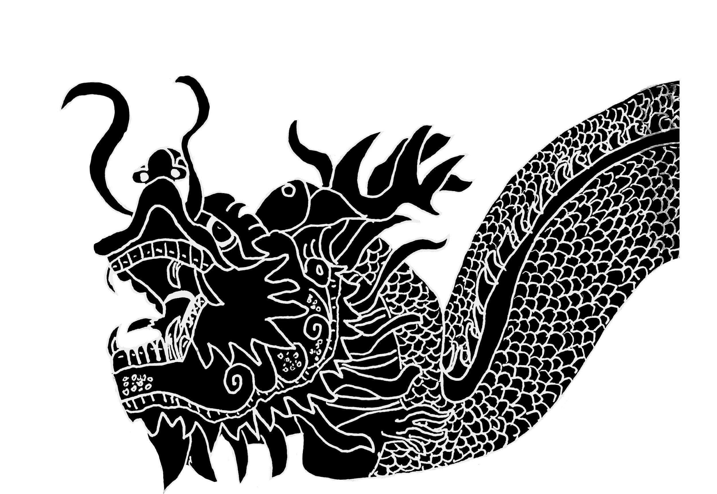 A hand-drawn black Chinese dragon with large teeth and silver scales on its body. The dragon is roaring as it seamlessly moves through the air. It has no legs or wings but glides with power and prosperity.