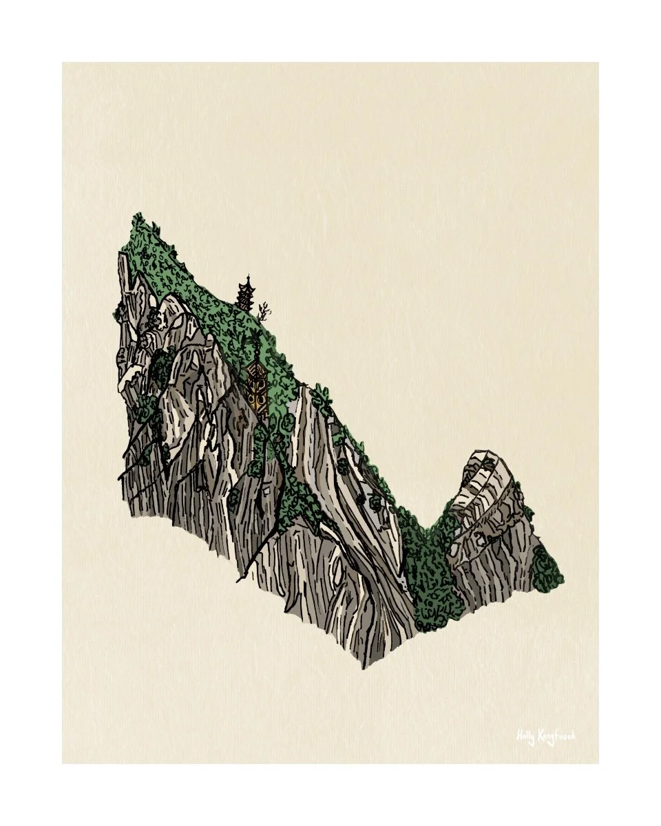 A hand-drawn and digitally painted picture of Mount Song, featuring the very peak of the mountain. The mountain is coloured in a variety of greys and creams and browns to detail the rock formation and on the top the Shaolin Monastery amongst trees.