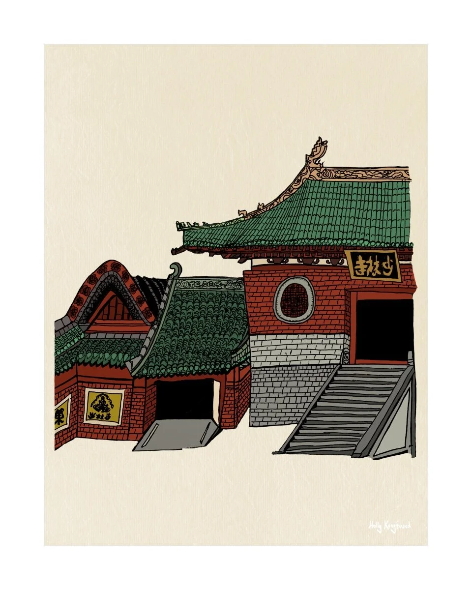 A hand-drawn and digitally painted picture of the Shaolin Temple, with deep red bricks and emerald-green tiles detailing the roof. There is a stone staircase leading to the entrance, and gold details on the edges of the roof.