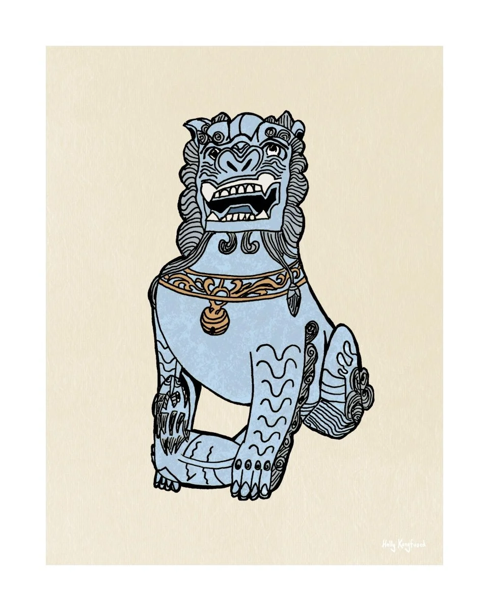 A hand-drawn and digitally painted picture of a proud looking stone guardian lion statue in pale blue with a large, beautiful gold collar across his chest and a golden bell hanging from it. The lion has his teeth out and a small lion sat at his feet.
