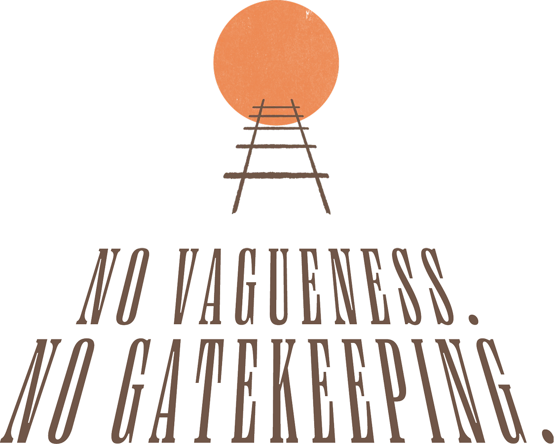 A graphic design with a mountain train track leading to a sunset or sunrise, along with the phrase 'No Vagueness. No Gatekeeping.' in stylized fonts.
