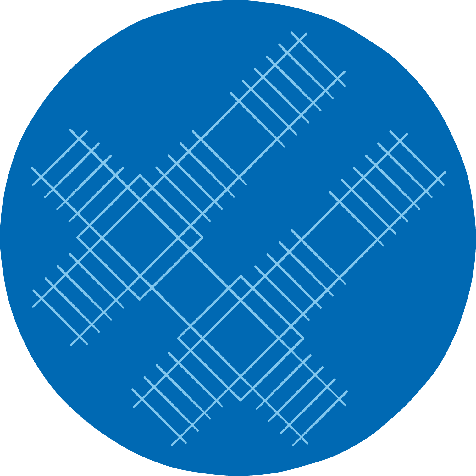 Blue circle with white outlines of two crossed rulers.