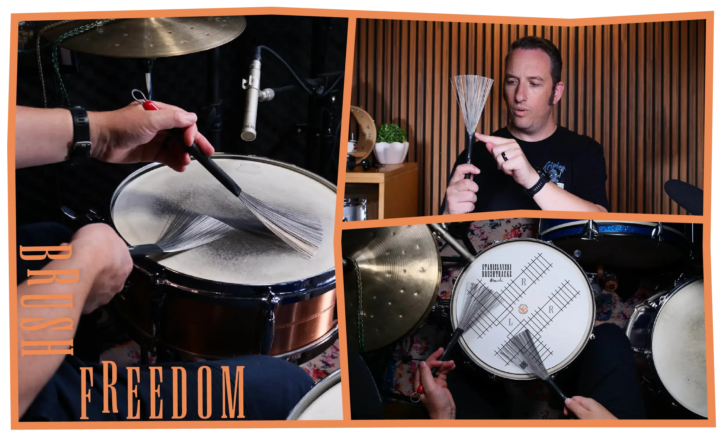 Frame with three photos: brushes in crossover position on snare drum, Anthony demonstrating and pointing at the top part of the brush, and an overhead shot of the Brushtracks practice pad. Text label “Brush Freedom”