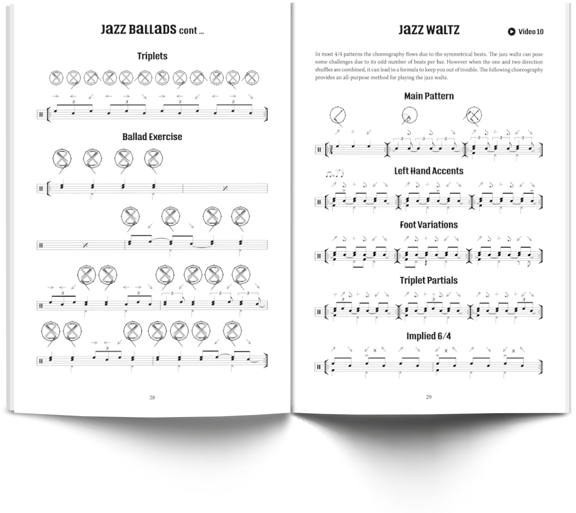Book opened to “Jazz Ballads cont” and ballad exercise with sheet music and brush diagrams. Second page: “Jazz Waltz” with main pattern, left hand accents, foot variations, triplet partials, implied 6/4