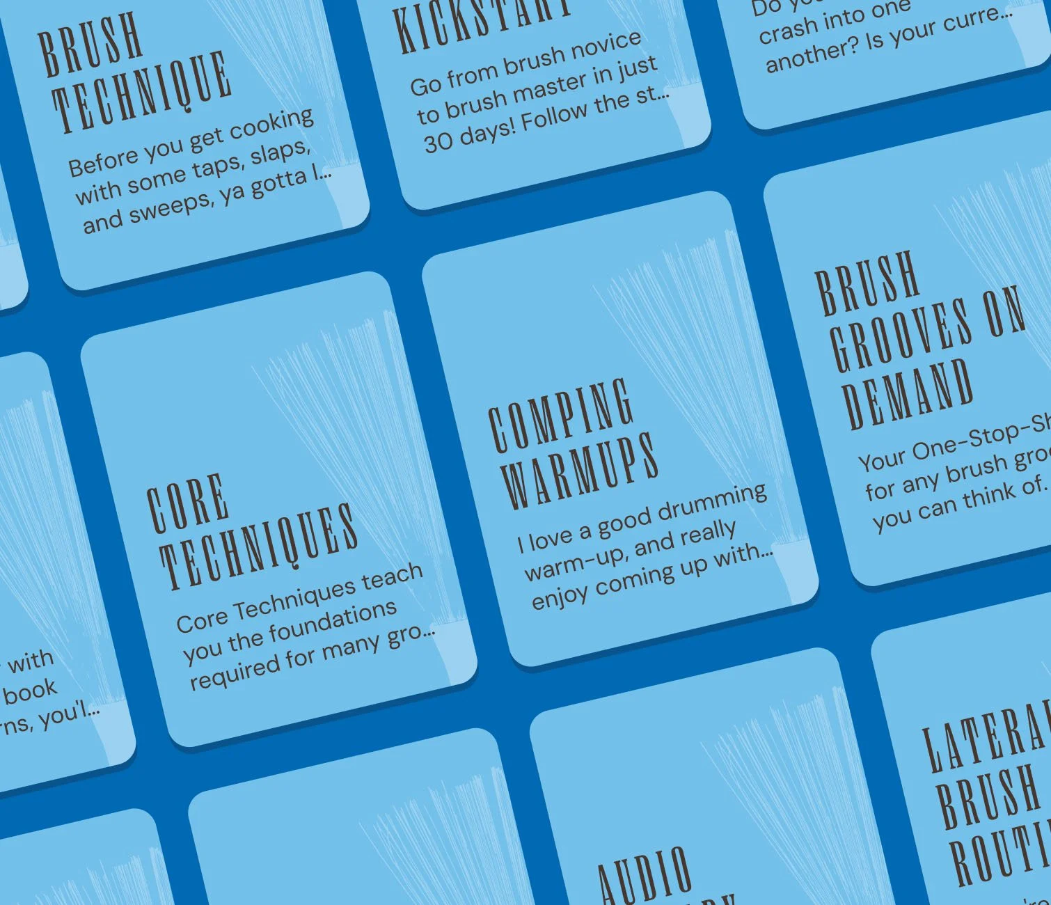 A series of blue cards with black text about brush techniques for painting, including topics like core techniques, kickstart, comping warmups, and brush grooves on demand.