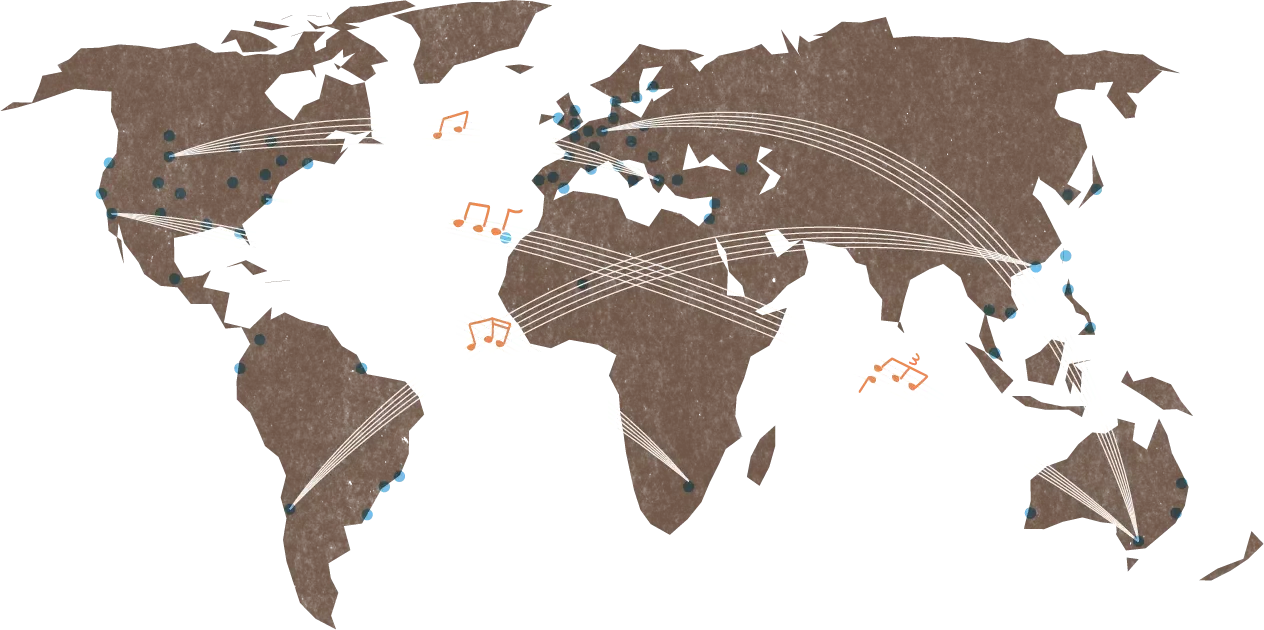 Stylized world map with pins on all continent. Staff lines with music notes connect several of the locations