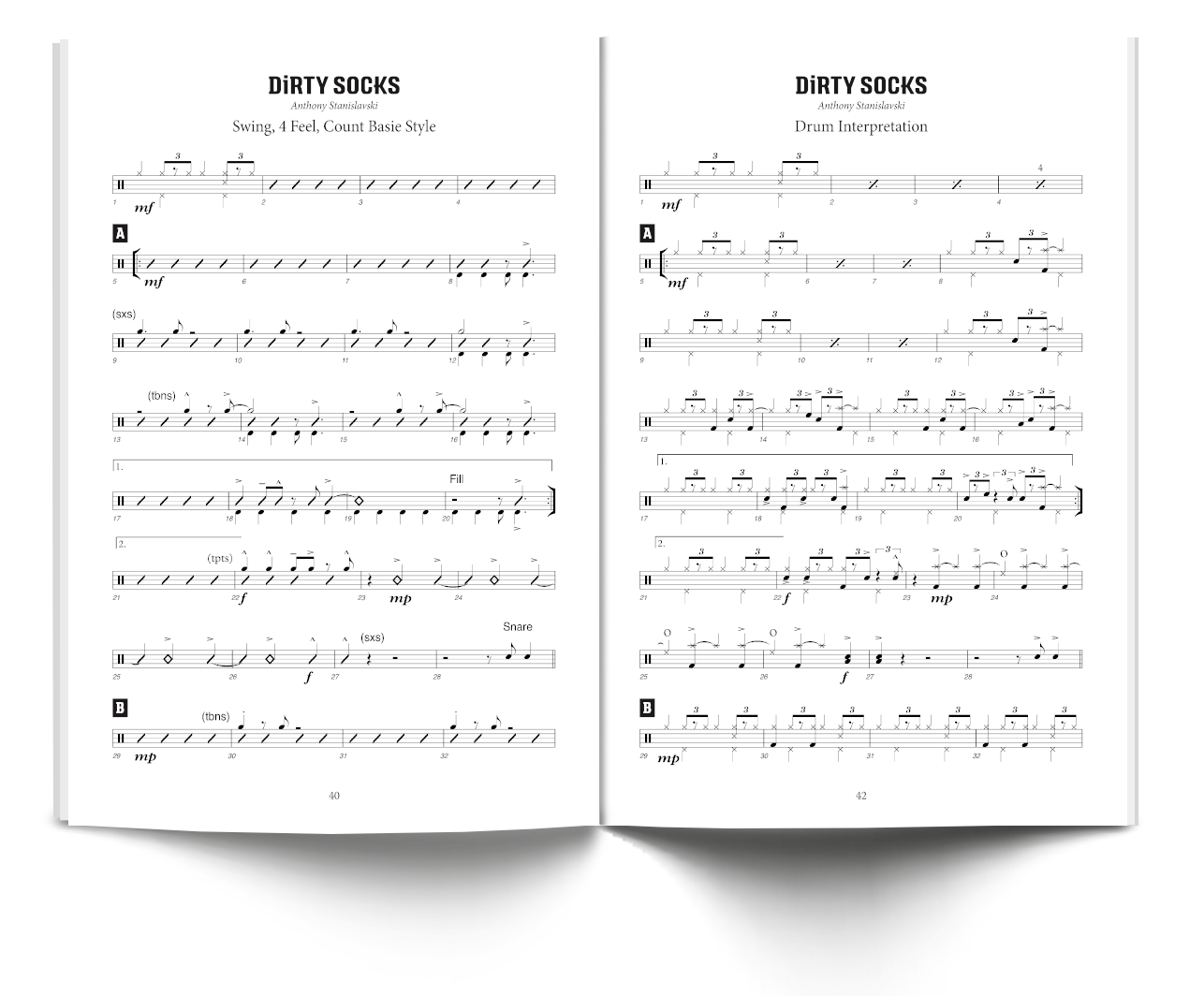 Book opened to “Dirty Socks” (Swing, 4 Feel, Count Basie Style) and “Dirty Socks” (Drum Interpretation). Both pages contain big band charts