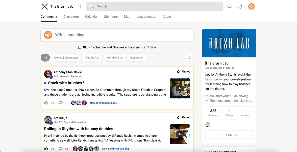 Screenshot of The Brush Lab online community page, showing discussion posts and a sidebar with community information.