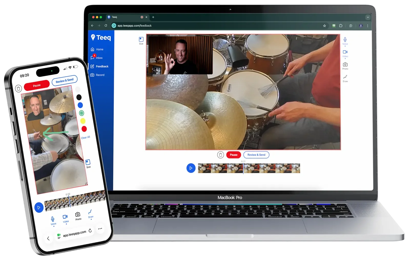 Feedback platform Teeq in action on a phone and a laptop computer. Instructor Anthony Stanislavski is giving feedback on a drum set brush player