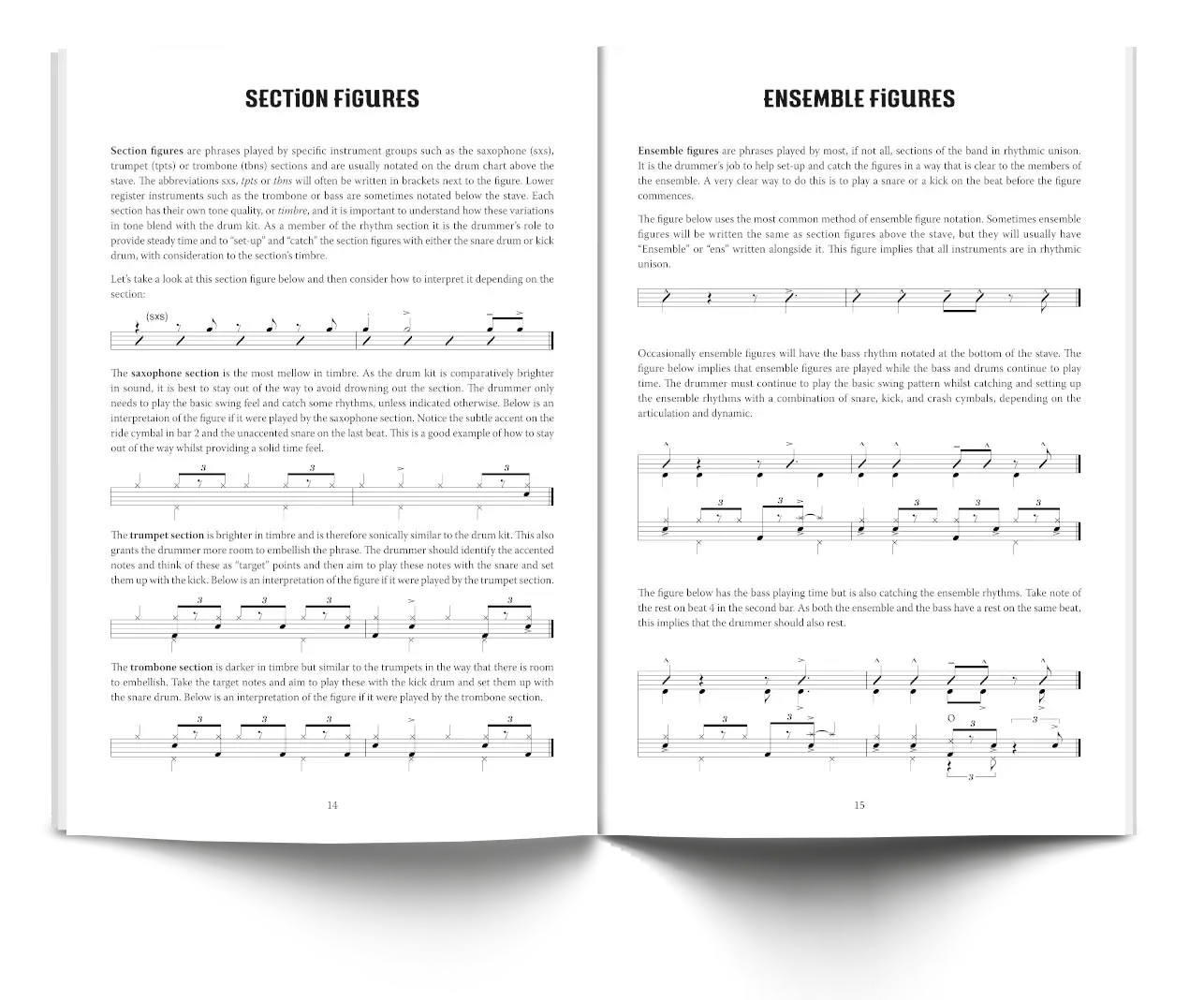 Drum set book opened to “Section Figures” and “Ensemble Figures” with text explanations and sheet music notation