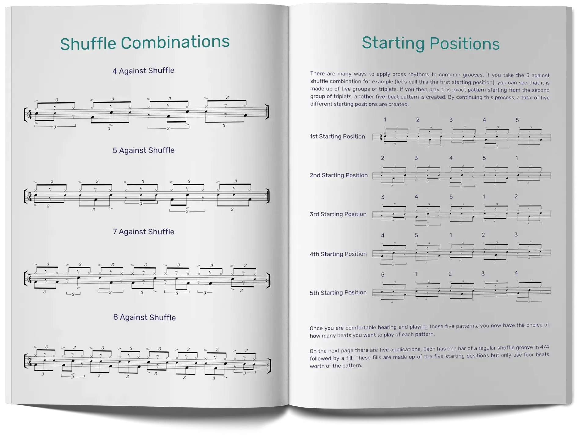 Drum book opened to “Shuffle Combinations” including 4 Against Shuffle, 5 Against Shuffle, etc. and “Starting Positions”, including 1st starting position, 2nd starting position, etc.