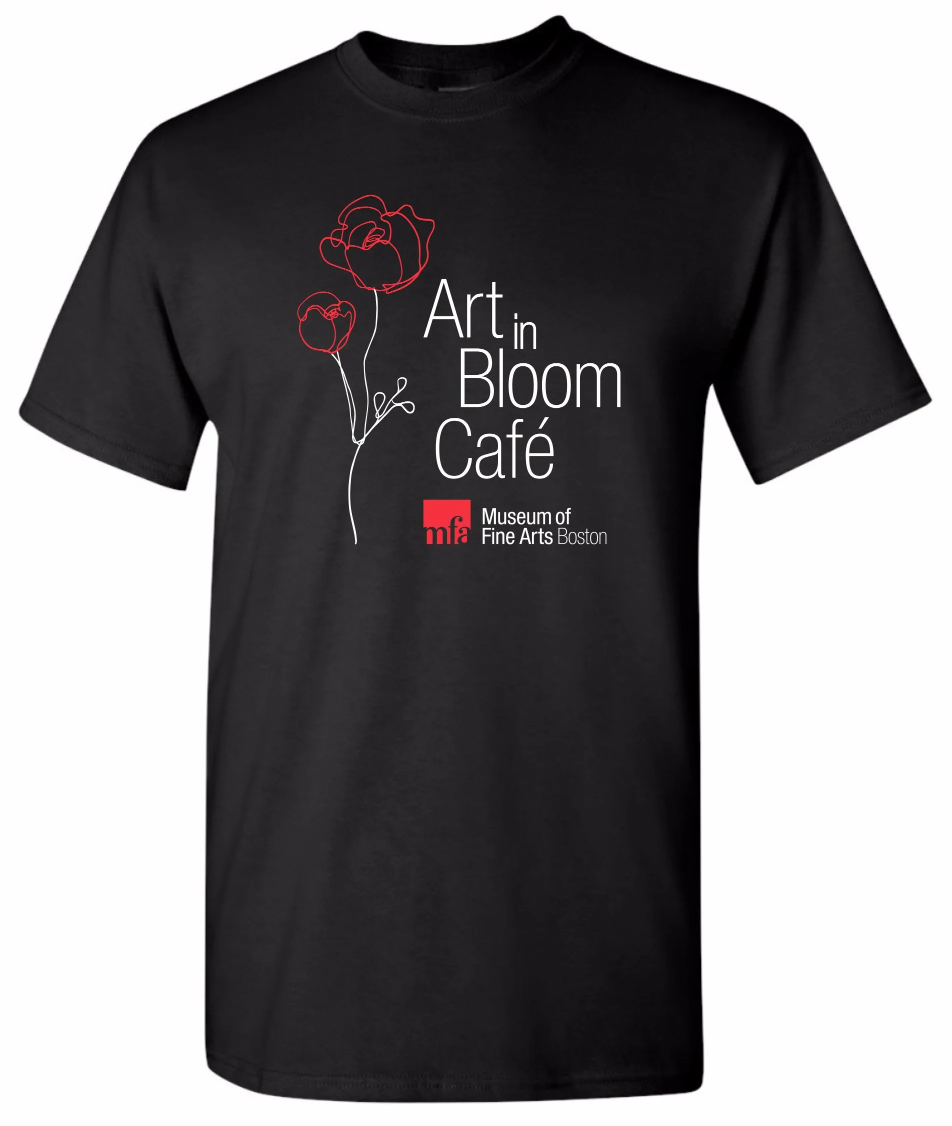 A mockup of a staff t-shirt for the MFA Boston's "Art in Bloom" event, featuring a line drawing of two roses. The text reads "Art in Bloom Café."