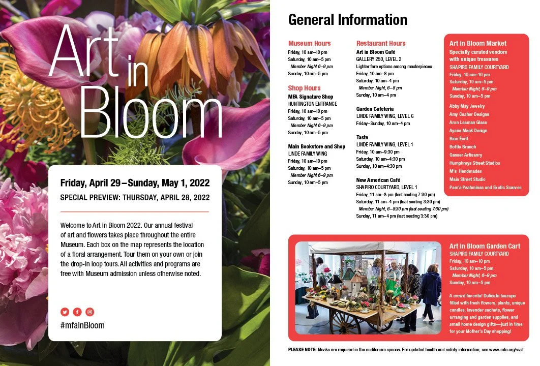 An interior spread of an event program featuring a brightly colored floral arrangement on the left and general event information on the right.