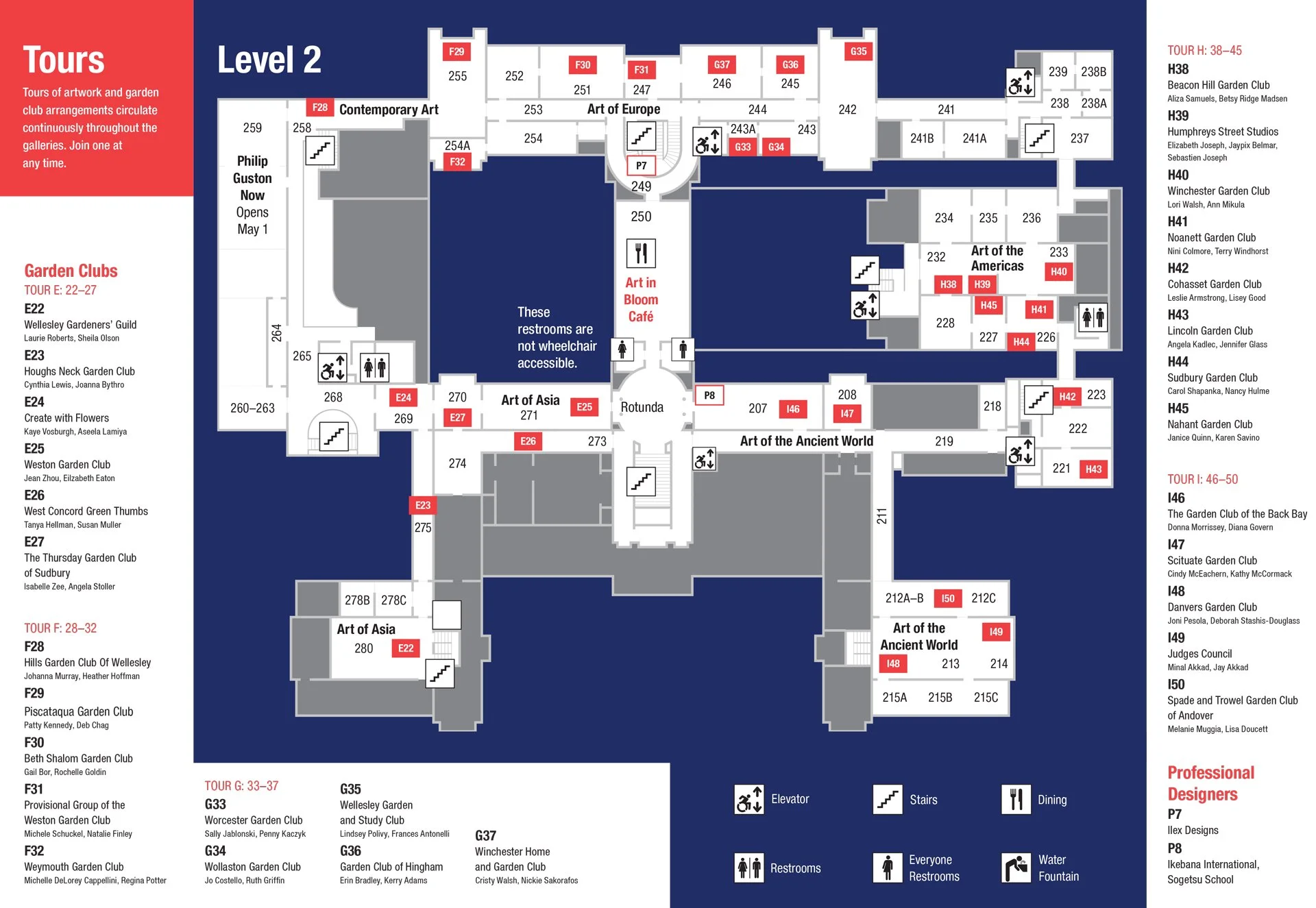 An interior booklet spread showing a map of the second level of the MFA Boston, with red marks highlighting different locations in the galleries.
