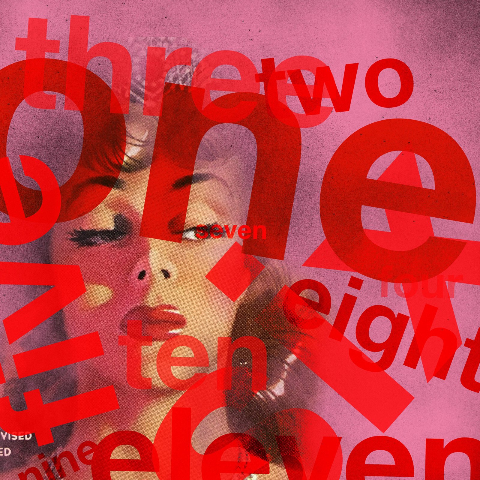 A collage featuring a vintage photo of a woman wearing red lipstick and the numbers one through eleven, spelled out.