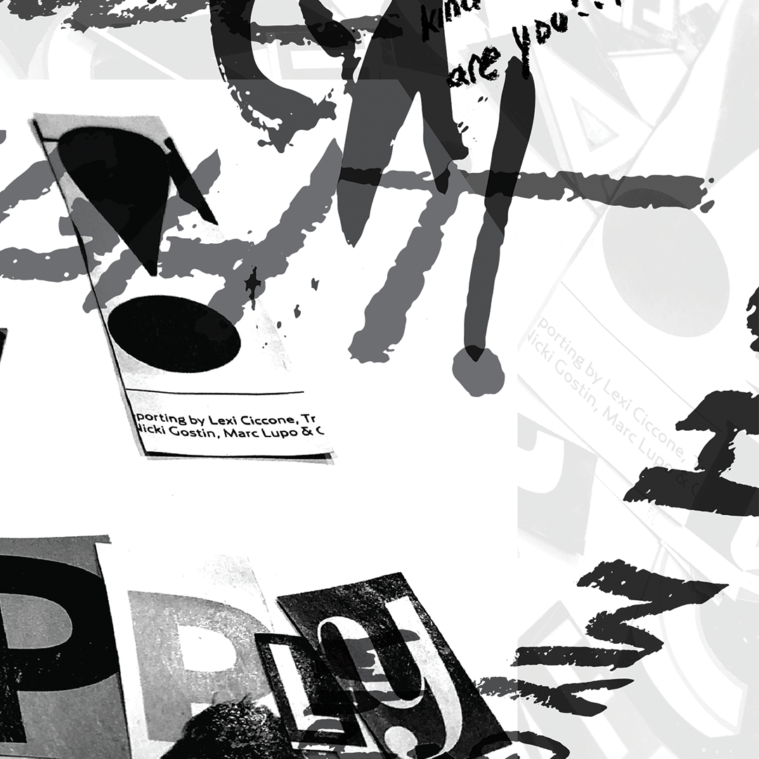 An abstract collage of letter forms cut out from magazines and handwriting.