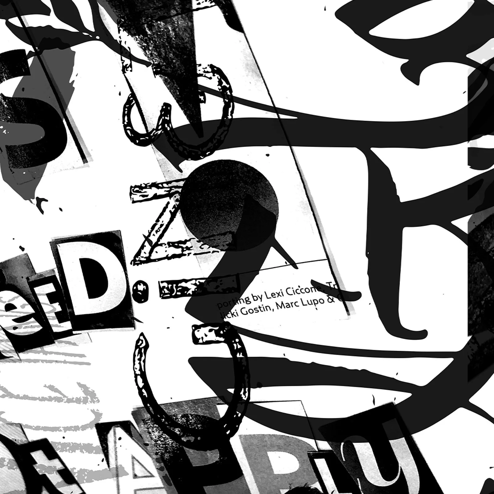 An abstract collage of letter forms cut out from magazines and handwriting.