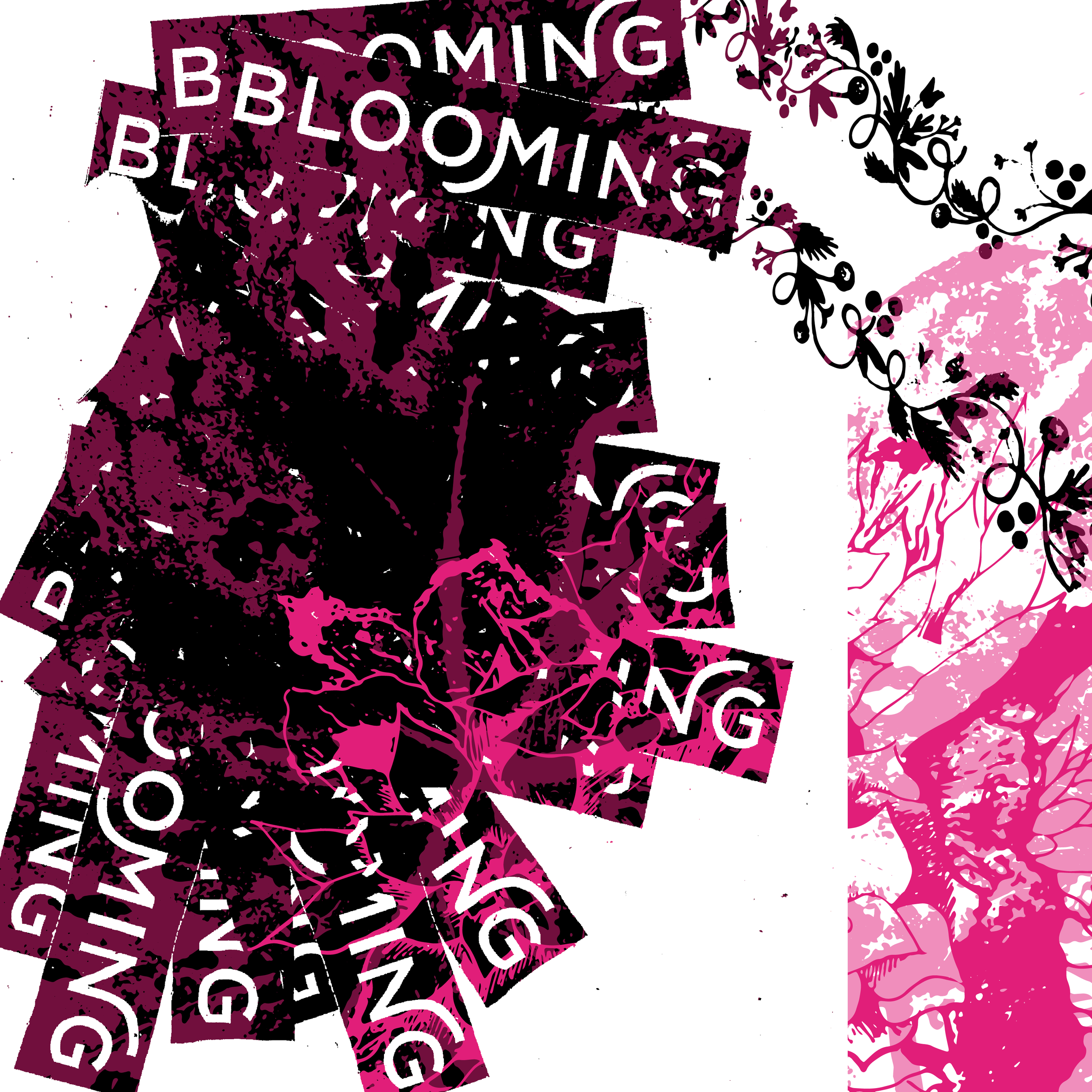 A collage of the word "Blooming" on top of a floral vine illustration.